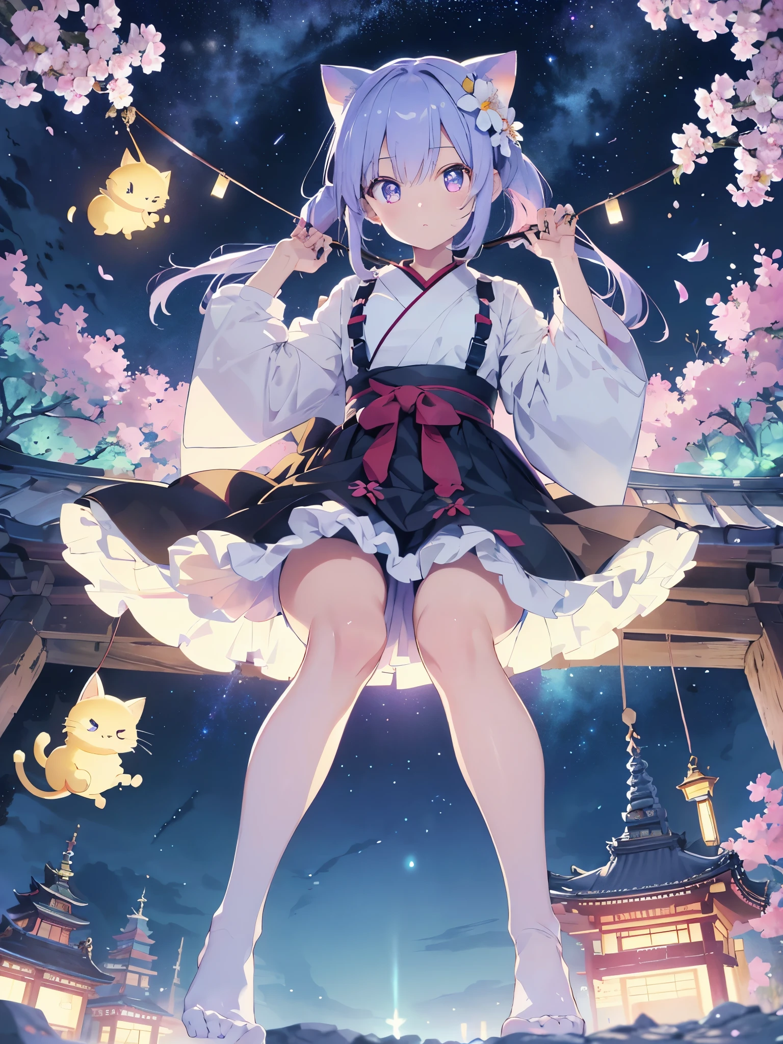 (highest quality, High resolution, figure, very high quality, High resolution, super fine details), A white cat wearing a black hakama is sitting in a shrine covered with flowers...。.。.、light purple eyes, holding a kagami mochi, legs are dangling (hang one'legs are up (perspective from above)、
広大な神社
abyss (deep hole、abyss)、pick flowers、