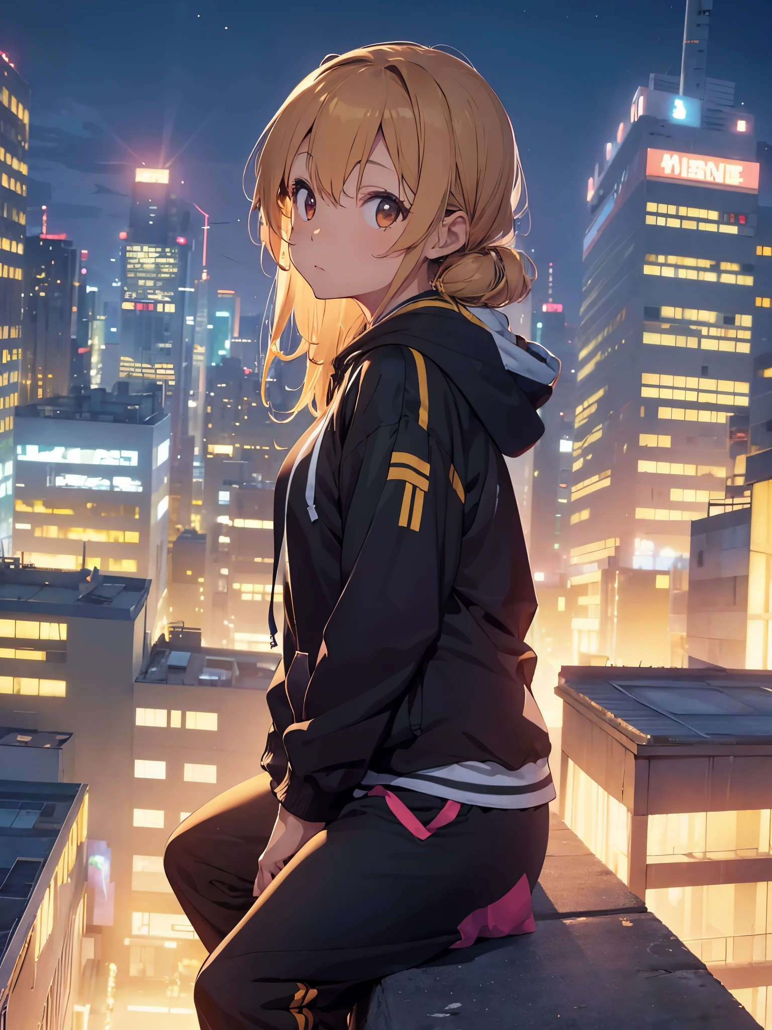 Woman in hoodie, Tracksuit Pants, sitting on the edge of the roof, over the shoulder shot, in the city, at night, city skyline, neon light sunset, Watch the sunset, lo-fi, warm colors, Wind, look away, golden retriever dog sitting next to her, I can't see the floor