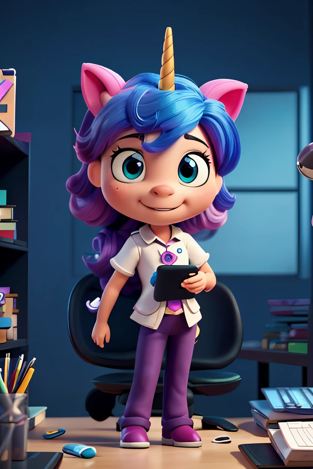 cartoon unicorn with blue hair and a black horn, (((In the office with a computer))) unicorn, white unicorn, unicorn from the tusk movie, blue unicorn, a unicorn, 3 d cavalo pet shop, unicorns, unicorn horn, bonitinho digital art, bonitinho 3 d render, bonitinho cartoon character, Chibi, bonitinho character, personagem toonix, anthropomorphic mare, my little Pony, bonitinho (((movimento)))