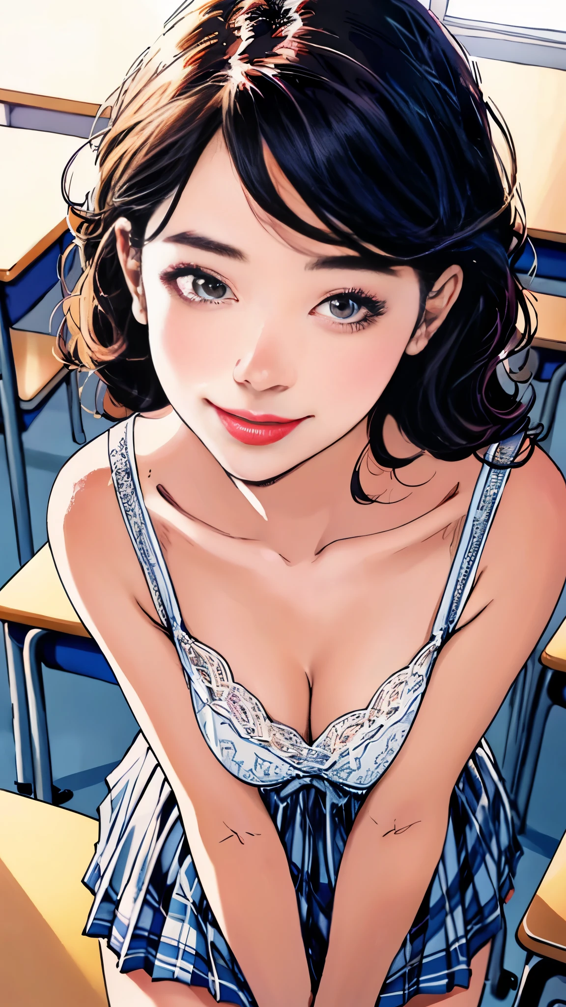 13 year old Bang Eun Jung, dress, small cleavage, school, classroom, ultra-detailed, realistic colors, beautiful detailed eyes, beautiful detailed lips, long eyelashes, expressive face, adorable smile, adorable appearance, 4k resolution, studio lighting, (high angle shot: 1.2)