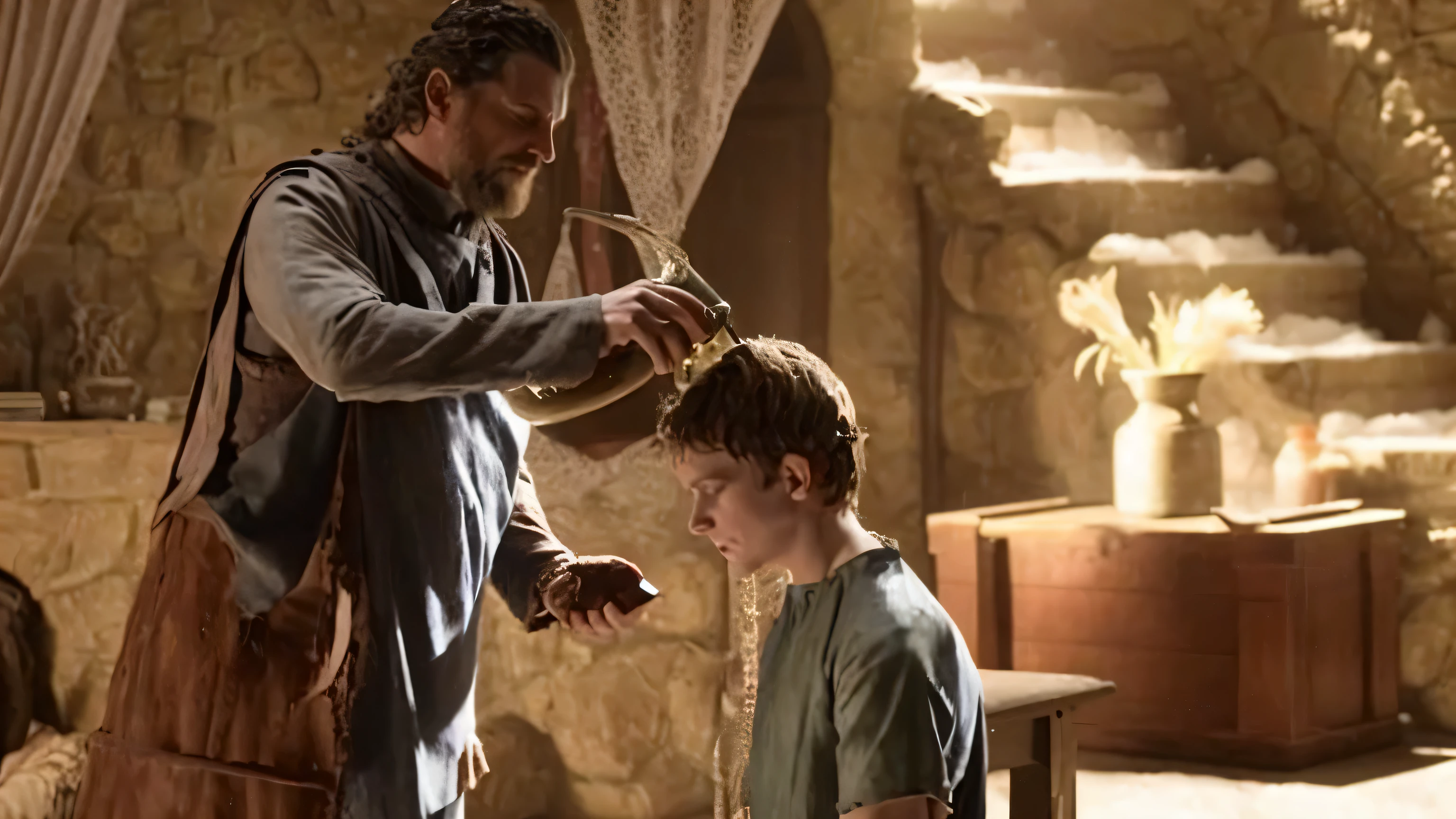 there is a fit man who is pouring oil on a boy'cabelo, ainda de um filme live-action, ainda de um filme de fantasia, cena de um filme live-action, magic scene, o jantar mais lindo, exclusive, still image from a TV series, tv foto parada, bela cena, foto da cena, cena maravilhosa, foto parada, dnd movie foto parada