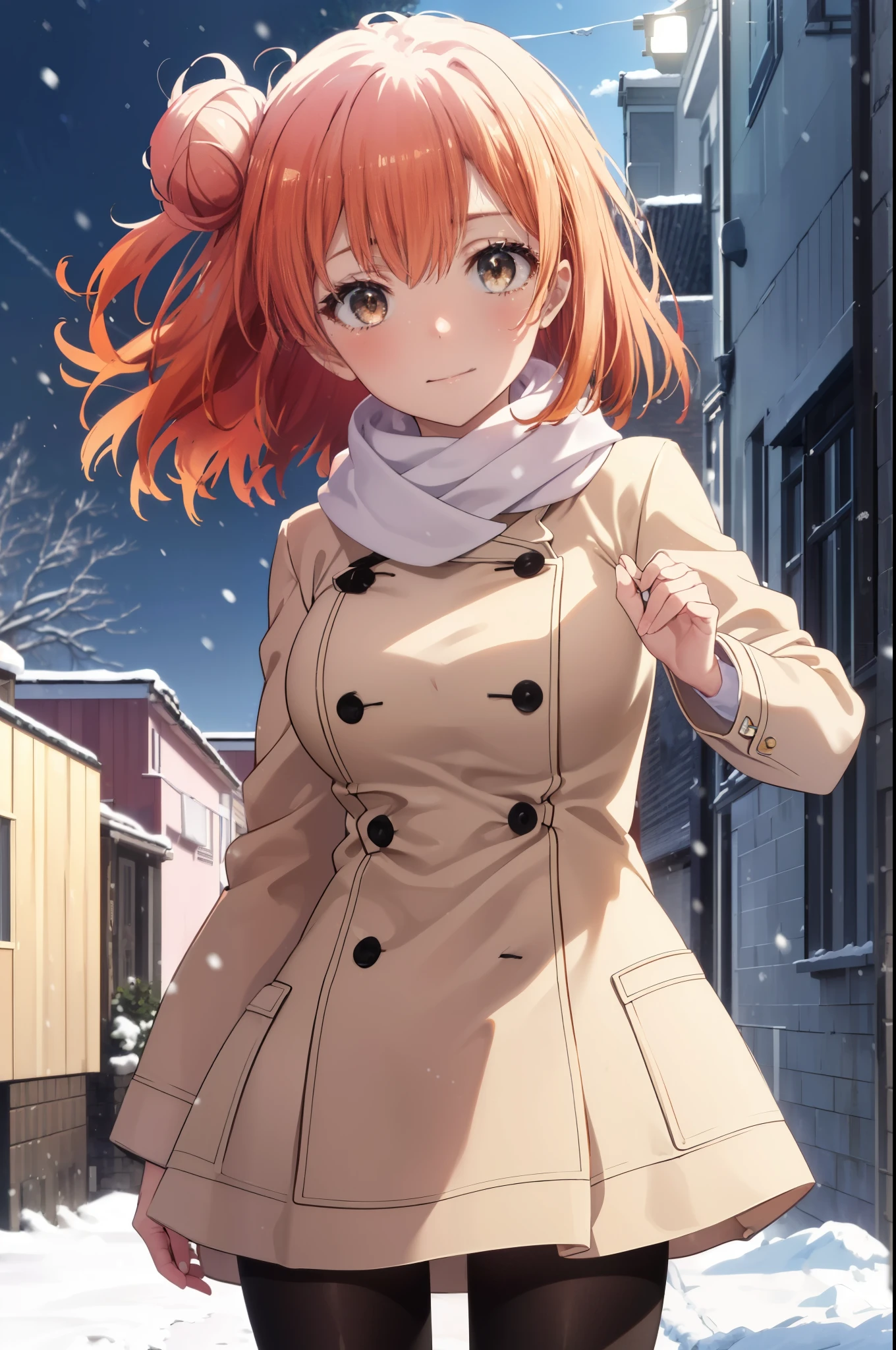 yuiyuigahama, yui yuigahama, long hair, (brown eyes:1.5), (orange hair:1.2), bun hair, single bun hair, close your mouth,smile, (big breasts:1.2),pink long coat　There is an open front,red muffler,white sweater,long skirt,black pantyhose,short boots,It&#39;s snowing,snow is falling,winter,cold sky,朝日
break outdoors,In town ,building street,
break looking at viewer　looking up from below, (cowboy shot:1.5),
break (masterpiece:1.2), highest quality, High resolution, unity 8k wallpaper, (figure:0.8), (detailed and beautiful eyes:1.6), highly detailed face, perfect lighting, Very detailed CG, (perfect hands, perfect anatomy),