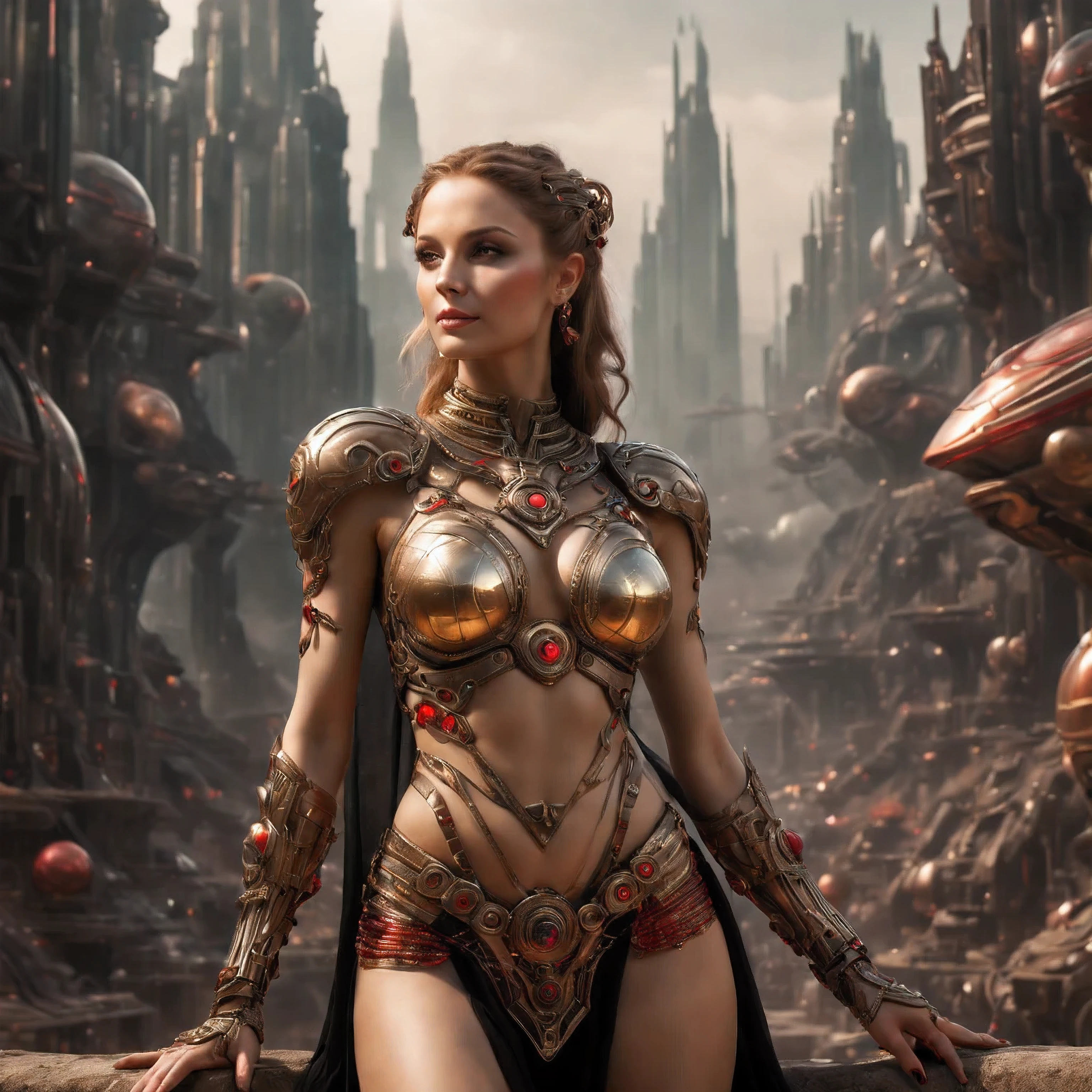 (ultra-realistic),mix of fantasy and sci-fi, ultra-realistic photo, ancient woman, 30 years old, strong, beutyfull ancient goddess of love in futuristic world, glowin eyes, wearing transparent tunic and little light armor, flirtatious smile, beautifull long legs. . magical tattoos. little makeup. red and black and gold ornaments, spears, powerfull, magical, stands in a flirtatious pose, imersive background with alien planet city landscape, film grain, depth of field, HDR, RAW photo, best quality, masterpieces, Cinematic, Cinematic Shot, Cinematic Lighting