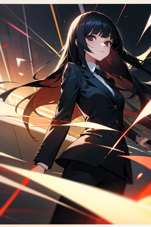 young woman, black hair, straight hair, hime cut, long hair, black eyes, office suit