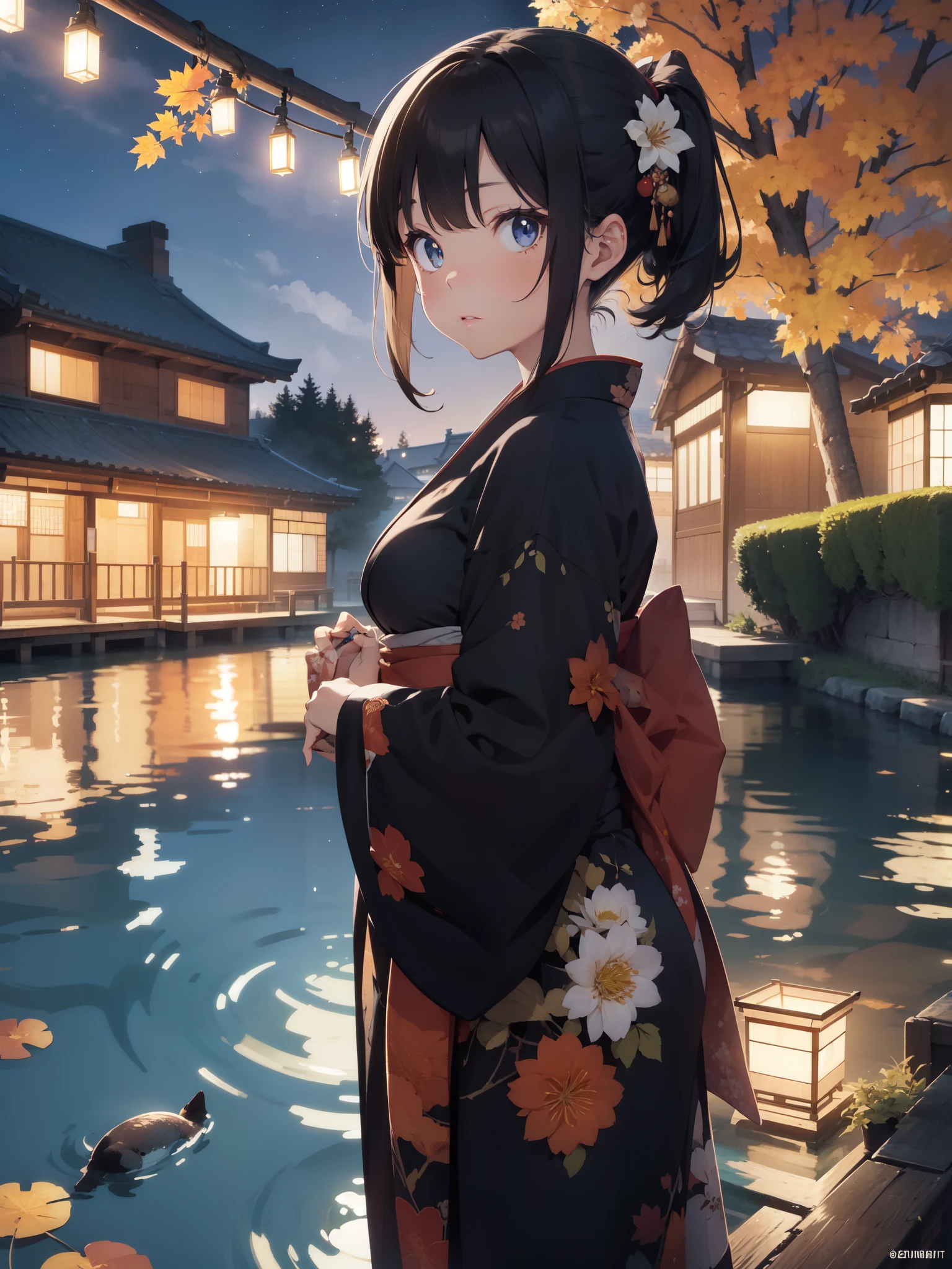 masterpiece、ultra-quality、The ultra-detailliert、Perfect drawing、Hi-Res、独奏、a beauty girl、Japan attire、ample breasts 、Back Appearance、cute face、loli big ass、looking back with a cute smile、3 Size B95W60H90 、Beautiful Girl, Samurai,in yukata,Black Ponytail, Hair tied up with a large red ribbon, Equipped with two Japan swords,blush (0.2), night view, coolness, scenic,elegance, beautiful background, accurate drawing, detailed drawing