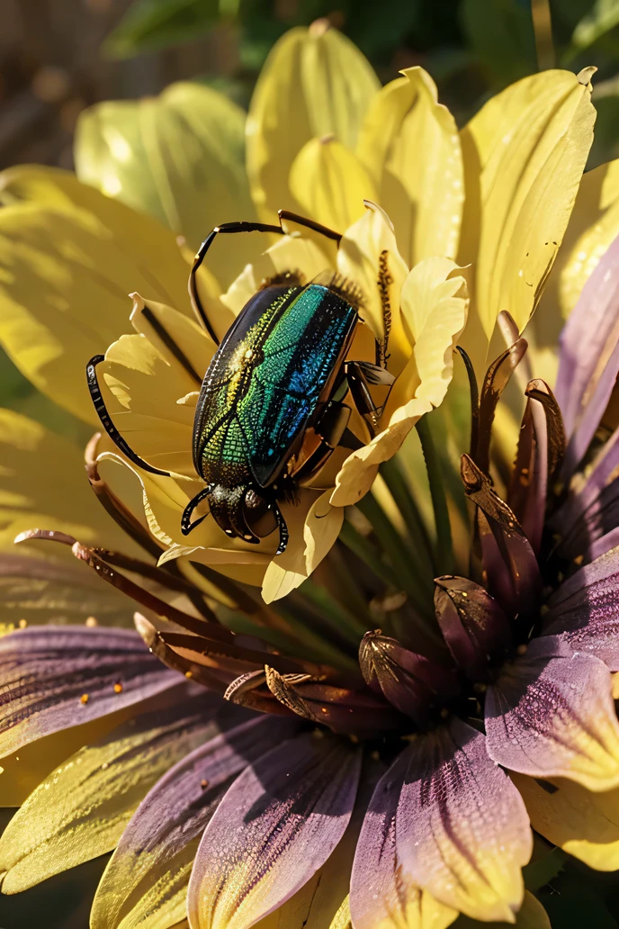 insect multicolors iridescent on a shiny golden texture flower