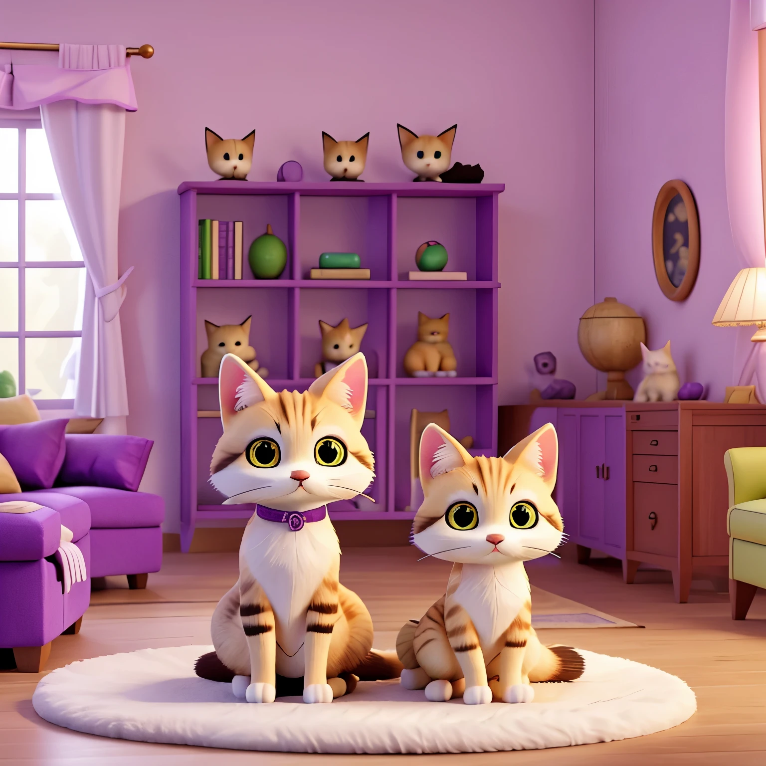 A cat with a fennec fox, in a home with lots of couches, purple, green, white and black colors, vivid colors best quality, 