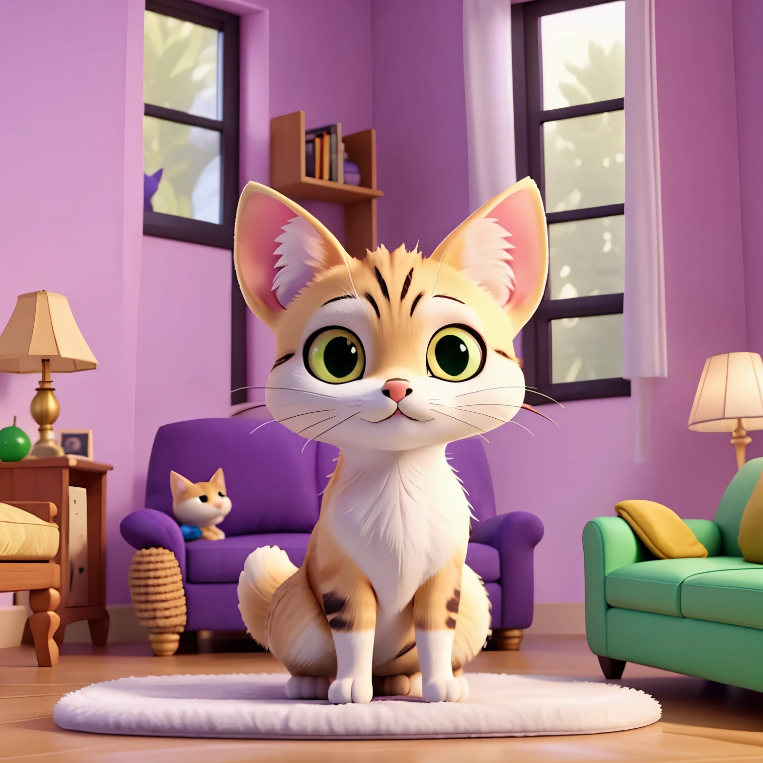 A cat with a fennec fox, in a home with lots of couches, purple, green, white and black colors, vivid colors best quality,