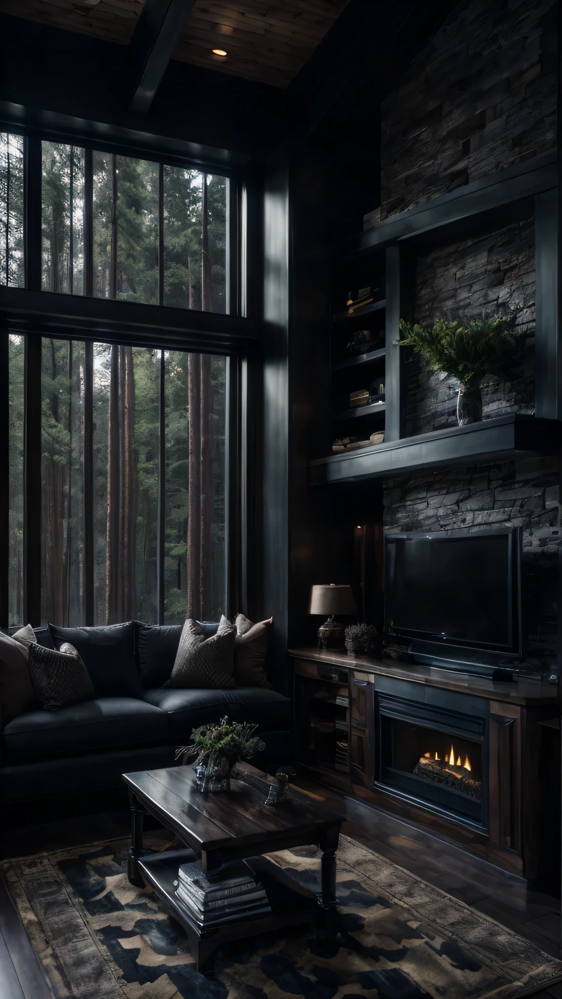  This cabin lounge, adorned in dark tones, features large windows, a television, and a fireplace. The deep-toned furnishings and walls create a warm and inviting atmosphere. The large windows bring in natural light and offer views of the surrounding nature, while the fireplace serves as a central focal point, providing a cozy ambiance for guests to enjoy.