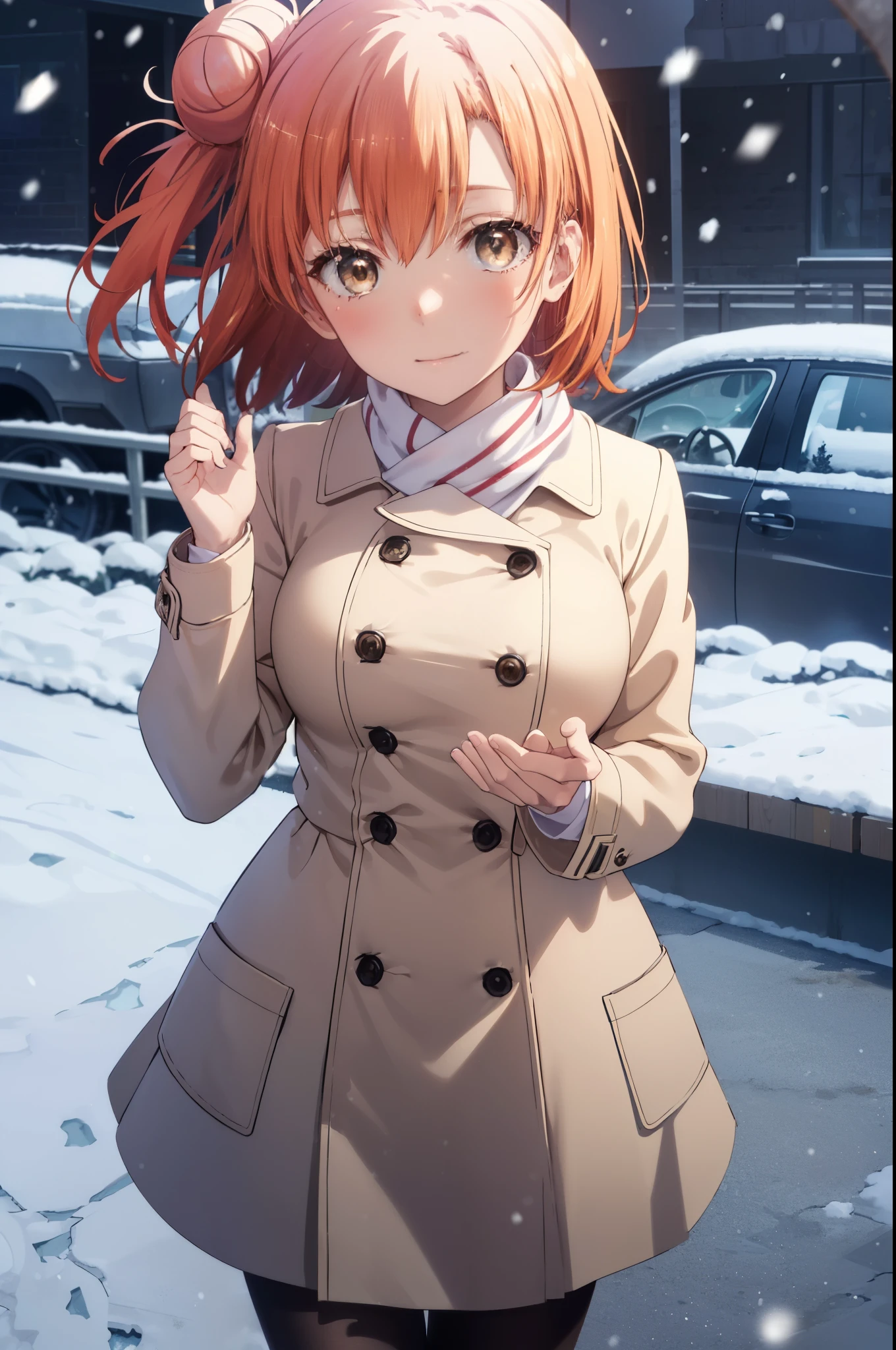 yuiyuigahama, yui yuigahama, long hair, (brown eyes:1.5), (orange hair:1.2), bun hair, single bun hair, close your mouth,smile, (big breasts:1.2),pink long coat　There is an open front,red muffler,white sweater,long skirt,black pantyhose,short boots,It&#39;s snowing,snow is falling,winter,cold sky,朝日
break outdoors,In town ,building street,
break looking at viewer　looking down from above, (cowboy shot:1.5),
break (masterpiece:1.2), highest quality, High resolution, unity 8k wallpaper, (figure:0.8), (detailed and beautiful eyes:1.6), highly detailed face, perfect lighting, Very detailed CG, (perfect hands, perfect anatomy),