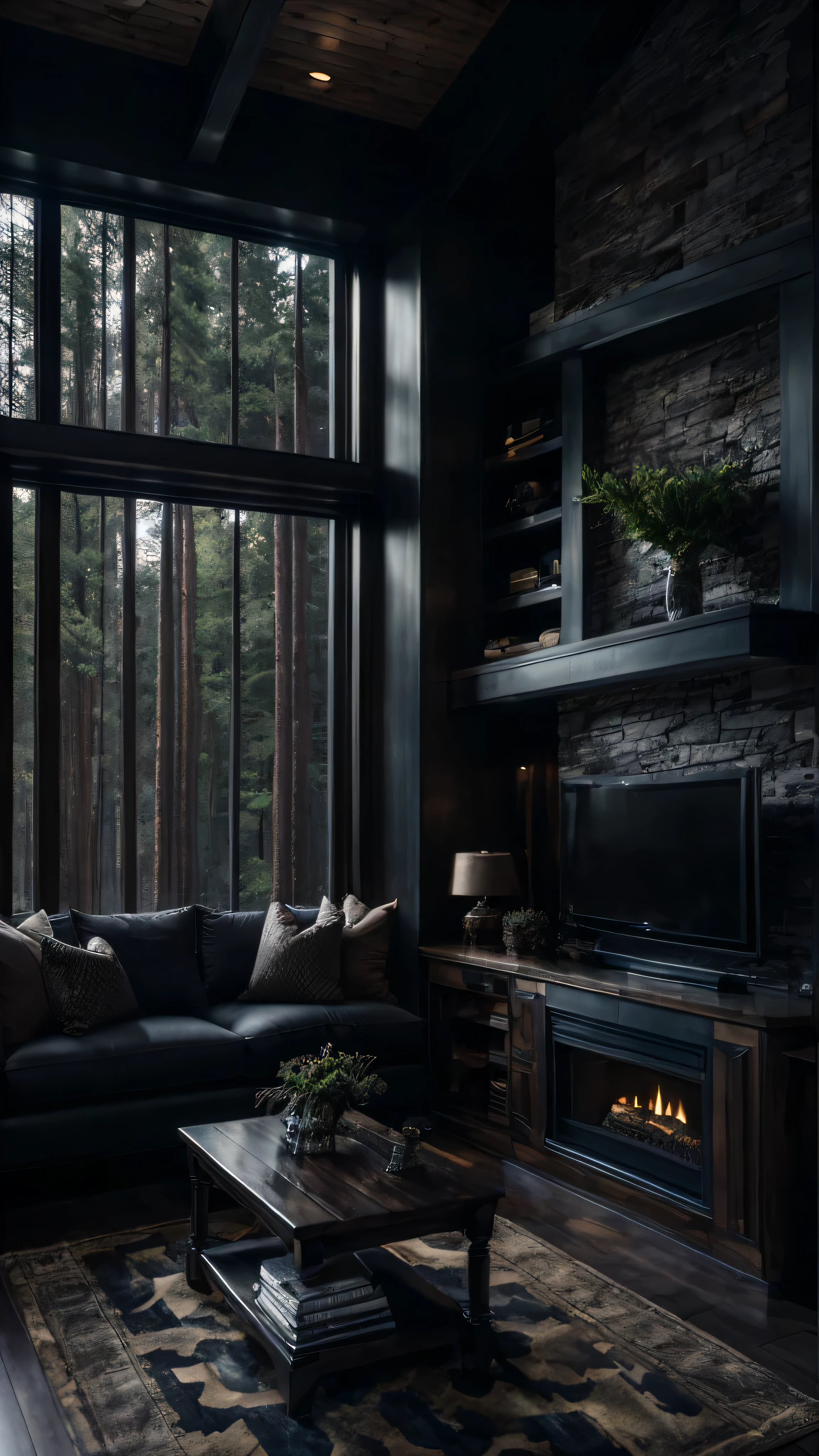  This cabin lounge, adorned in dark tones, features large windows, a television, and a fireplace. The deep-toned furnishings and walls create a warm and inviting atmosphere. The large windows bring in natural light and offer views of the surrounding nature, while the fireplace serves as a central focal point, providing a cozy ambiance for guests to enjoy.