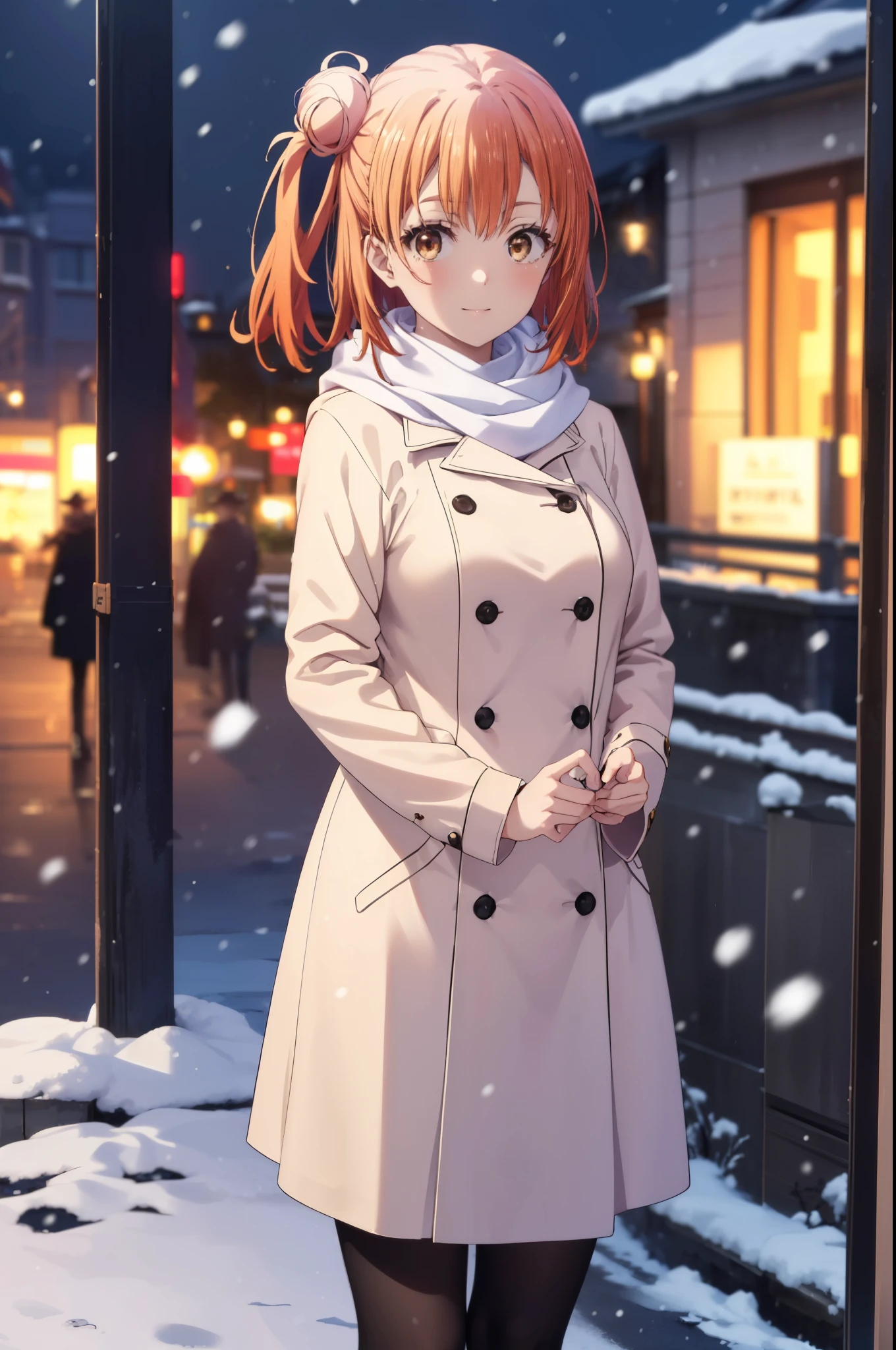 yuiyuigahama, yui yuigahama, long hair, (brown eyes:1.5), (orange hair:1.2), bun hair, single bun hair, close your mouth,smile, (big breasts:1.2),pink long coat　There is an open front,red muffler,white sweater,long skirt,black pantyhose,short boots,It&#39;s snowing,snow is falling,winter,cold sky,Asahi puts both of his hands in his coat pockets.,
break outdoors,In town ,building street,
break looking at viewer　looking down from above, (cowboy shot:1.5),
break (masterpiece:1.2), highest quality, High resolution, unity 8k wallpaper, (figure:0.8), (detailed and beautiful eyes:1.6), highly detailed face, perfect lighting, Very detailed CG, (perfect hands, perfect anatomy),