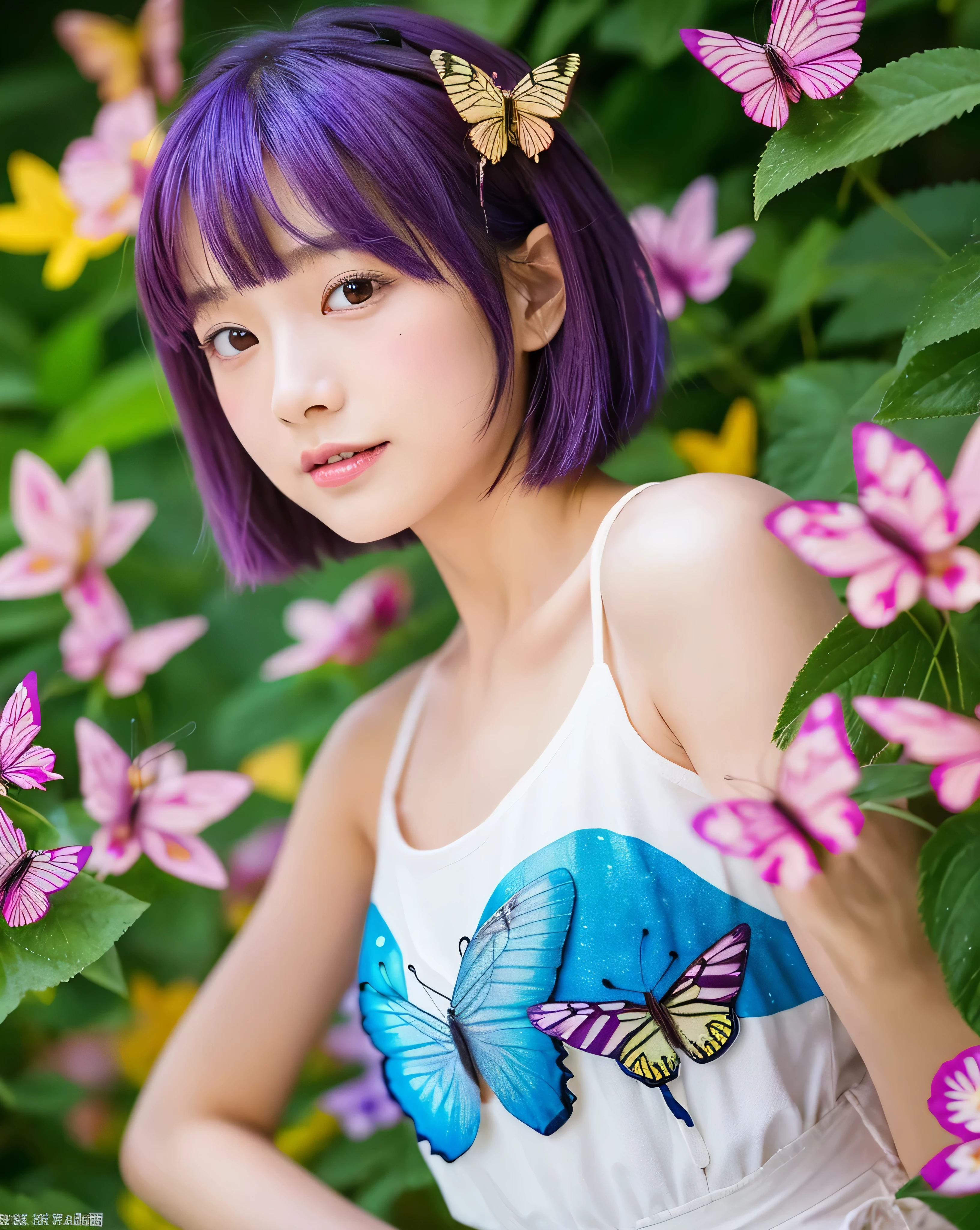 美new日本の女の子, , (whole body:1.3), detailed purple hair, Beautiful bob cut, asymmetrical bangs, thin eyebrows, big magic eyes, High resolution moist eyes, Light pink lip, smooth soft skin, natural makeup, 優new微笑み, white one piece dress, off shoulder, mini skirt, Detailed and perfect clavicle, 高解像度で美new胸元, plump and voluptuous breasts, 高解像度の美new脚, Rainbow Forest, (100+ colorful flowers:1.5), (100+ brightly colored butterflies々:1.3), (100+ Colorful little birds:1.2), 大きな美new滝, 眩new木漏れ日, fantasy, god々new, professional lighting, professional photographer