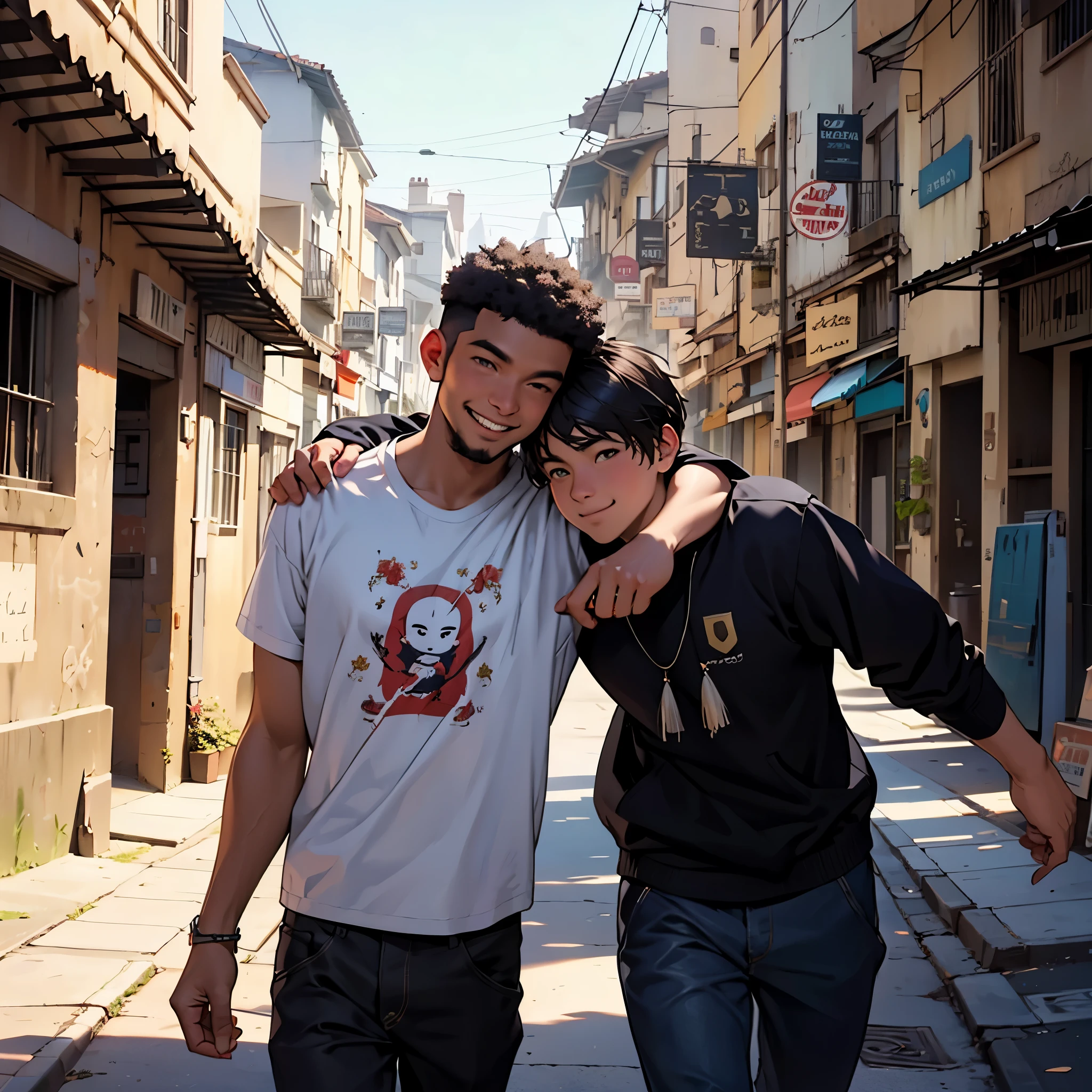 o tipico del antiguo egipto, Caminando, sonriendo  por las calles de una moderna ciudad un amigo cernaco se acerca por atras y lo abraza