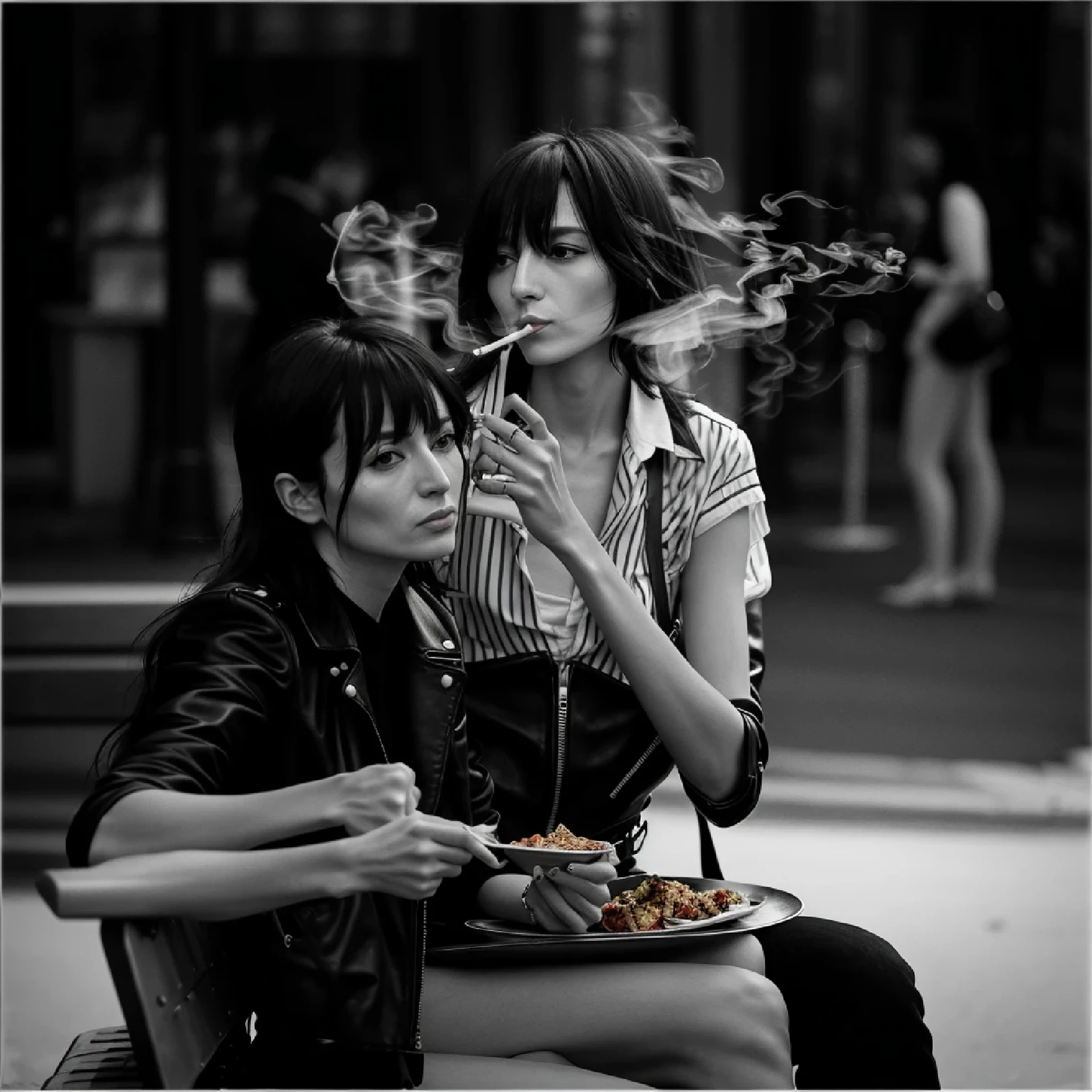 realistic photo. High, lean girl, 30 years, black wavy hair, haircut with short side bangs, Straight nose, The lips are thin, The eyes are black, The chest is flat, black leather jacket, blue jeans, Black strap, white top, белыеthere are Two women sitting on a bench eating food, candid portrait, candid Street photography, smoking, In a street café, based on Louis Forer, candid shot, Provocative Photographygraph, Street photo, based on Henri Cartier-Bresson, smoking woman, Street photograph, Provocative Photography, candid portrait photo, candid portrait photograph, inspired by Ruth Orkin, Two women
