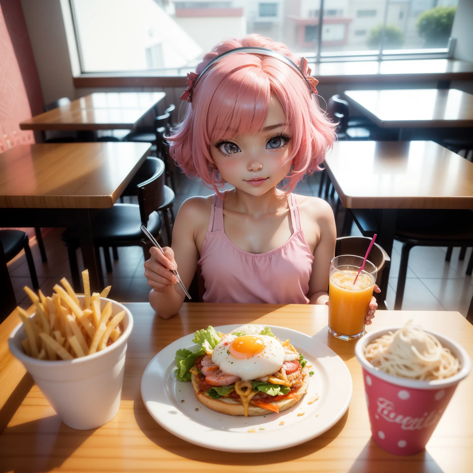 ((Chibi 3D)))Cute and beautiful chibi anime/Bob-style hair mixed with pink, white and blue、wearing a colorful pink tank top,1girl, artist name, bangs, beer mug, blue eyes, blurry, blurry background, blurry foreground, bokeh, bowl, burger, cake, cheese, chopsticks, classroom, cup, depth of field, dish, drink, eating, food, fork, french fries, fried egg, hair ornament, hairclip, head rest, holding chopsticks, indoors, letterboxed, lettuce, lips, looking at viewer, motion blur, noodles, omurice, pasta, photo \(medium\), photo inset, pink hair, pizza, plate, pov across table, ramen, restaurant, rice, salad, sandwich, school desk, short hair, shrimp, smile, solo, soup, spaghetti, swept bangs, table, toast, tomato, tray, viewfinder, window