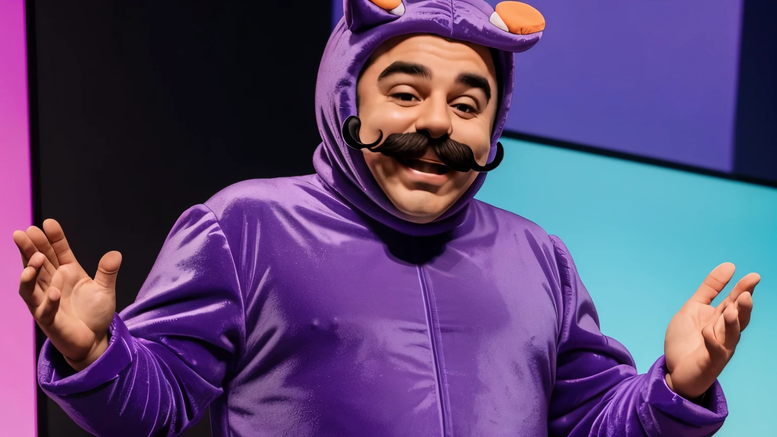 a full-length mustachioed man in a purple Teletubby costume with a big giant eyebrow, looking at the camera and smiling