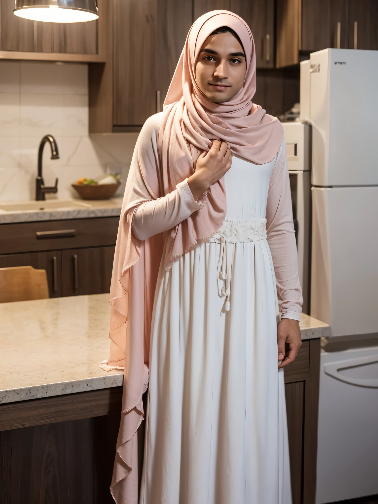 Generate an image of a male with soft face. He has a thin body and is wearing a soft pink pashmina hijab, a white floral long sleeved ruffle maxi dress. The character is standing in a kitchen, facing forward, with a timid stance and feminine gesture. The expression on his face is shy, and the overall atmosphere of the scene is well-lit and welcoming.