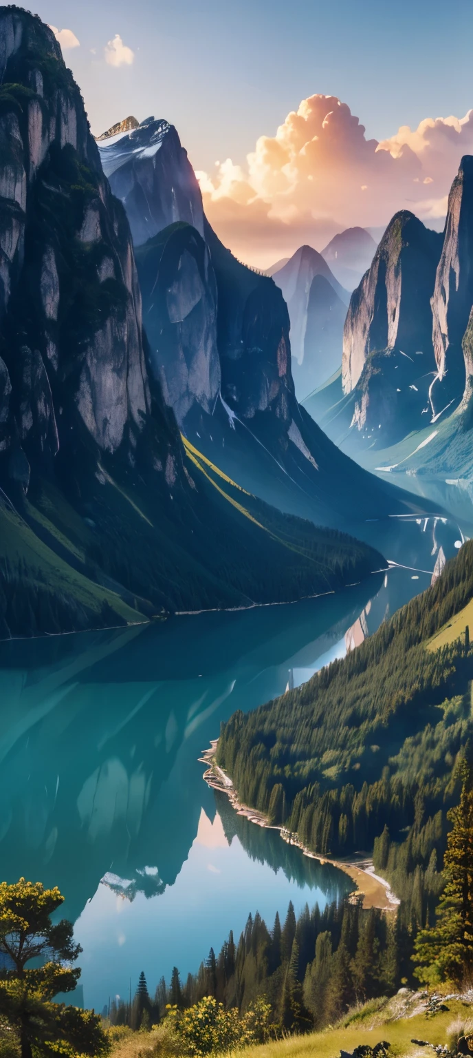 (best quality,highres,ultra-detailed:1.2),vivid colors,landscape,colorful sunset,spectacular mountains,glistening lake,serene forest,reflective water,majestic cliff,floating clouds,dreamy atmosphere,vibrant foliage,gentle breeze,natural beauty,golden light,tranquil scenery,panoramic view,lush greenery,awe-inspiring,peaceful ambiance,ethereal setting,sun rays piercing through the clouds,distant horizon,intricate details,impressive scale,serenity encapsulated,dramatic landscape,magical panorama,inviting path,harmonious colors,harmony of nature,stunning natural wonders,enchanted surroundings,tranquil lake nestled amidst mountains,breathtaking view,pristine wilderness,distant mountains bathed in sunlight,melodious sounds of nature,calm oasis amidst chaos,solitude in nature,harmonious balance,awe-inspiring vista,calm and tranquil ambiance.
