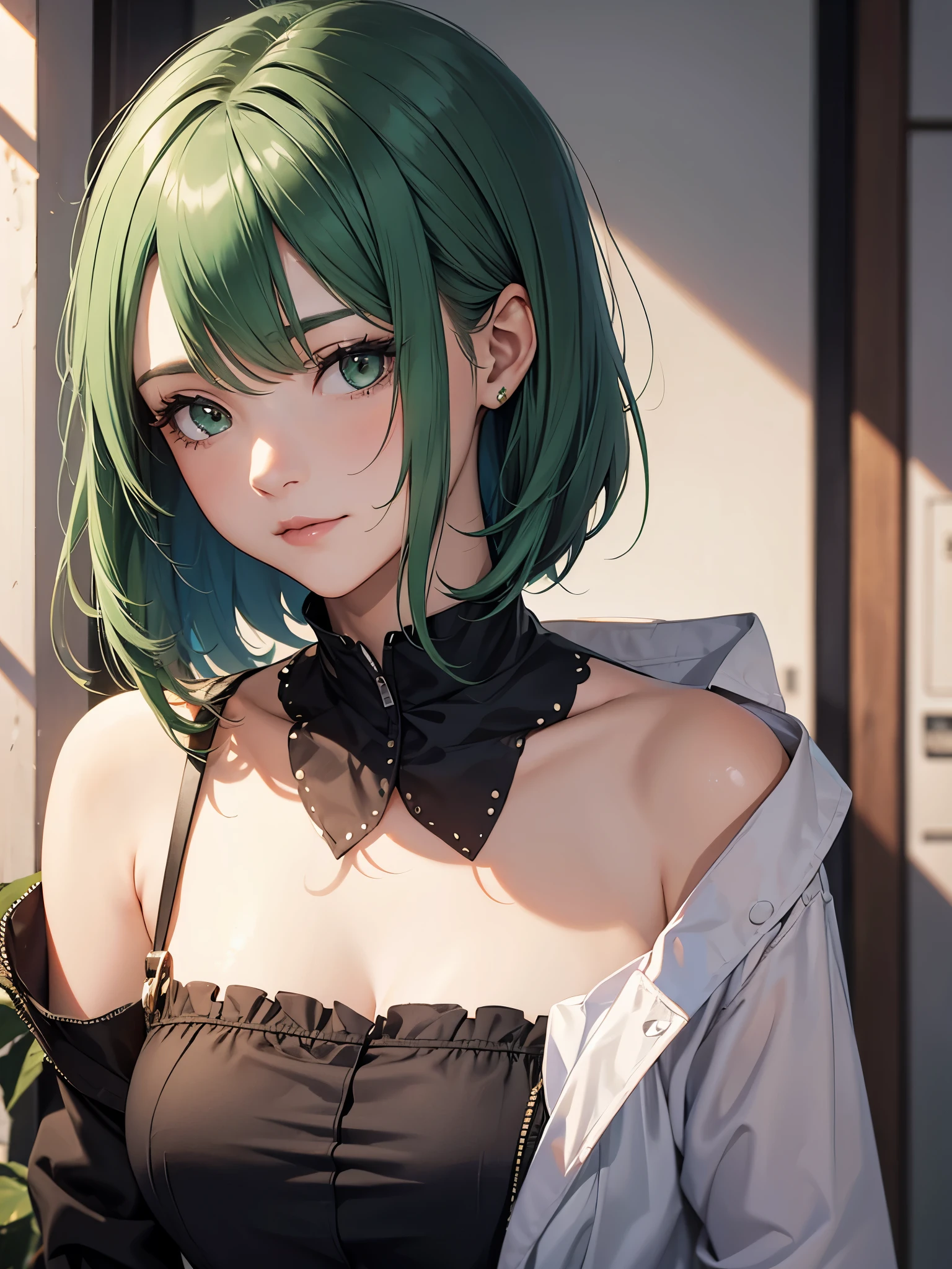 A mature girl, green hair