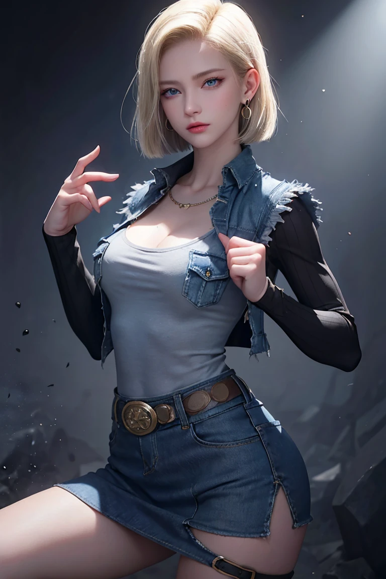 Android 18, Blonde hair, Blue eyes, Eyelashes, Hoop earrings, Short hair, Earring, Black sock, Black shirt, Chest pocket, Cleavage, Collarbone, Denim, Denim skirt, High waist miniskirt, Detailed legs, Jewelry , long sleeves, pocket, shirt, tucked in shirt, skirt, striped, striped sleeves, vest, correct hands,