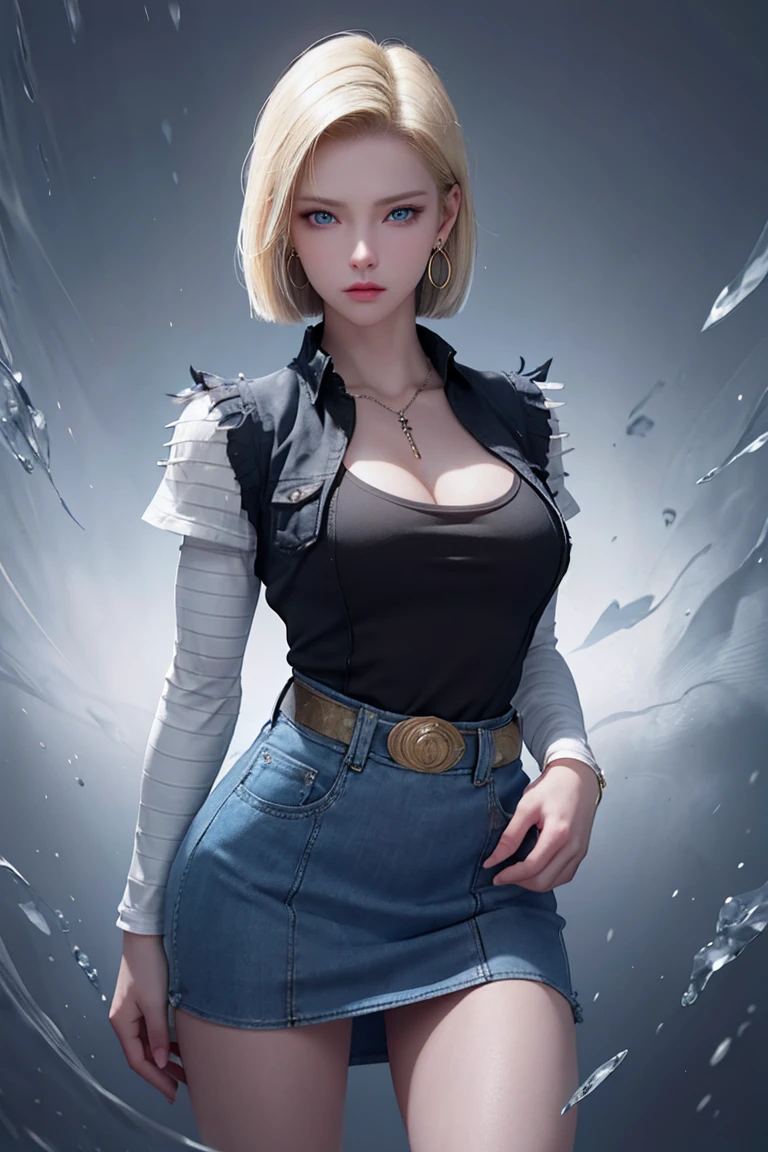 Android 18, Blonde hair, Blue eyes, Eyelashes, Hoop earrings, Short hair, Earring, Black sock, Black shirt, Chest pocket, Cleavage, Collarbone, Denim, Denim skirt, High waist miniskirt, Detailed legs, Jewelry , long sleeves, pocket, shirt, tucked in shirt, skirt, striped, striped sleeves, vest, correct hands,