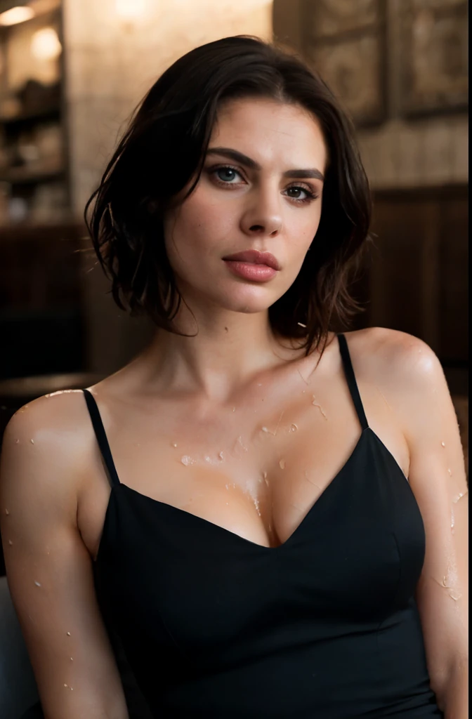 Photo of Hayley Atwell, detailed short messy black hair, full body shot, Detailed skin, detailed body, hourglass figure, solo, mxdress, blue eyes, Natural Skin Texture, skin detail, shiny skin, shiny glossy skin, WET skin, wet body, glossy skin, oily skin, Mediterranean tan, high contrast, realistic skin, skin pores, intricate detail, high contrast, realistic skin, skin pores, intricate detail, raw photo, mature female, glossy lips, luscious lips, pretty nose, lifelike rendering, immersive atmosphere, chiaroscuro, moody lighting, perfect female body, sitting at a French Cafe