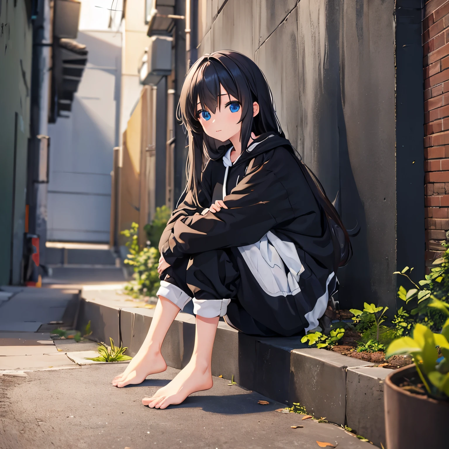 masterpiece, super detailed, high resolution, Anime girl sitting in a dark alley, baggy pants, long pants, Moe sleeves, oversized hoodie, messy long hair, barefoot