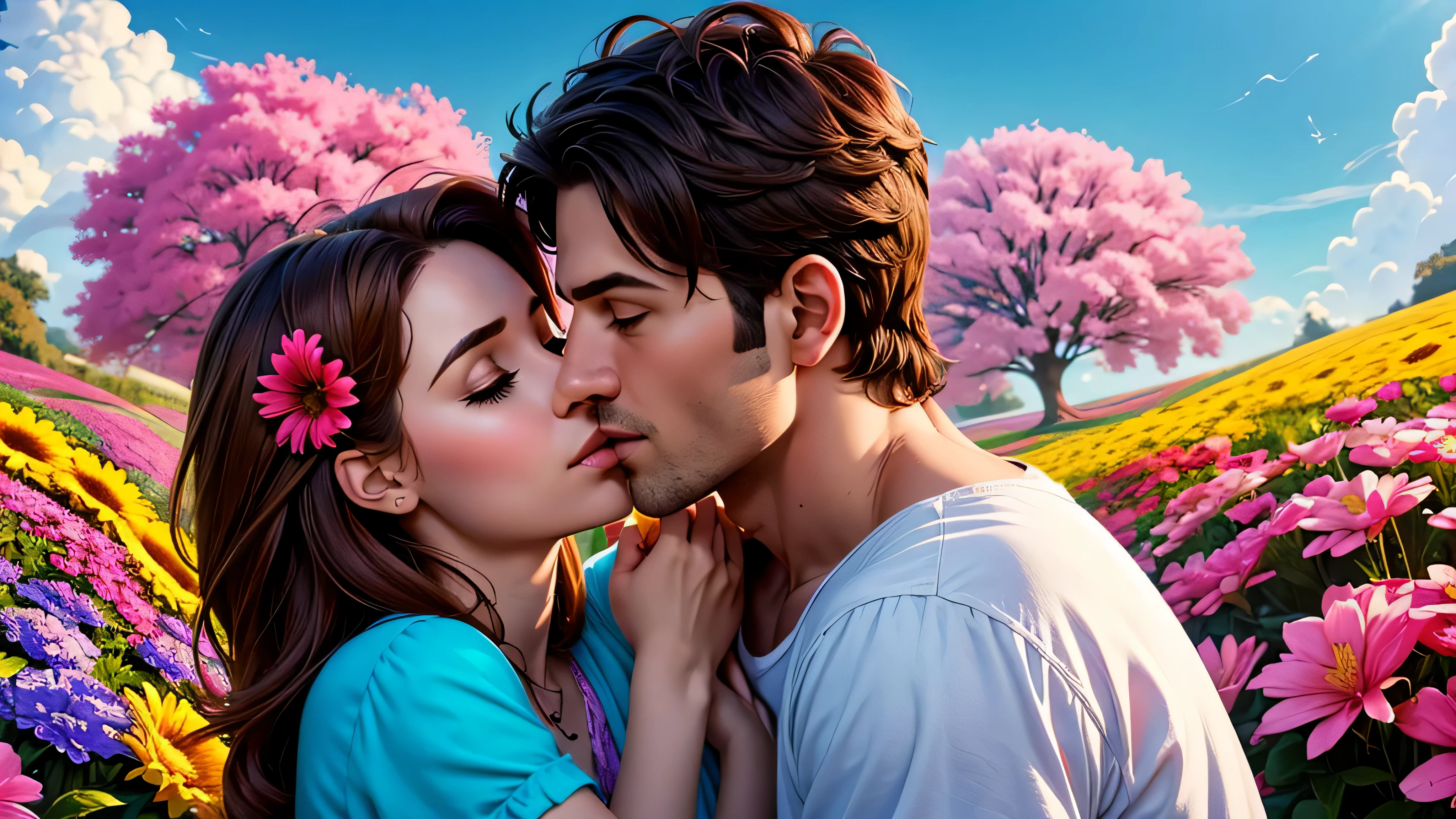 Casal apaixonado: 1 male character and 1 female character in a romantic moment, transmitindo ternura e amor, ambiente florido, colorido