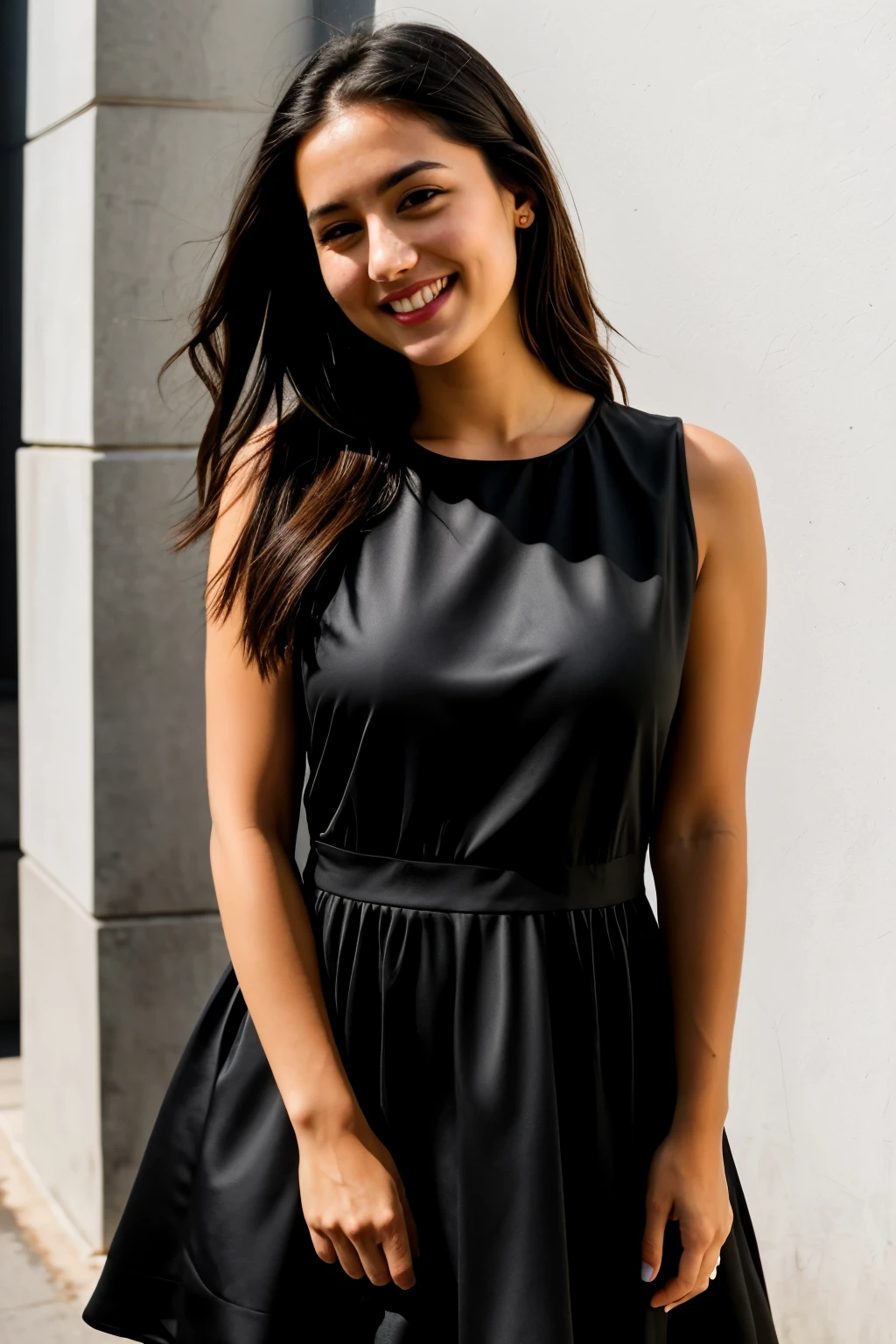 RAW photo, face portrait photo of beautiful 26 y.o woman, cute face, wearing black dress, happy face, hard shadows, cinematic shot, dramatic lighting