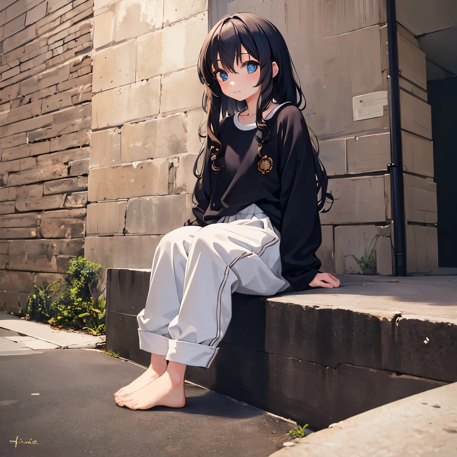 masterpiece, super detailed, high resolution, Anime girl sitting in a dark alley, baggy pants, long pants, Moe sleeves, oversized shirt, long hair, curly hair, barefoot, looking down