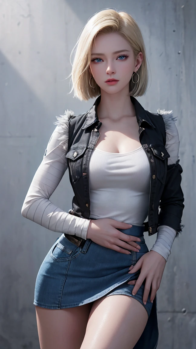 Realistic Android 18, Blonde hair, Blue eyes, Eyelashes, Hoop earrings, Short hair, Earring, Black sock, Black shirt, Chest pocket, Cleavage, Collarbone, Denim, Denim skirt, High waist miniskirt, Detailed legs, jewelry, long sleeves, pocket, shirt, tucked in shirt, skirt, striped, striped sleeves, vest, right hands,