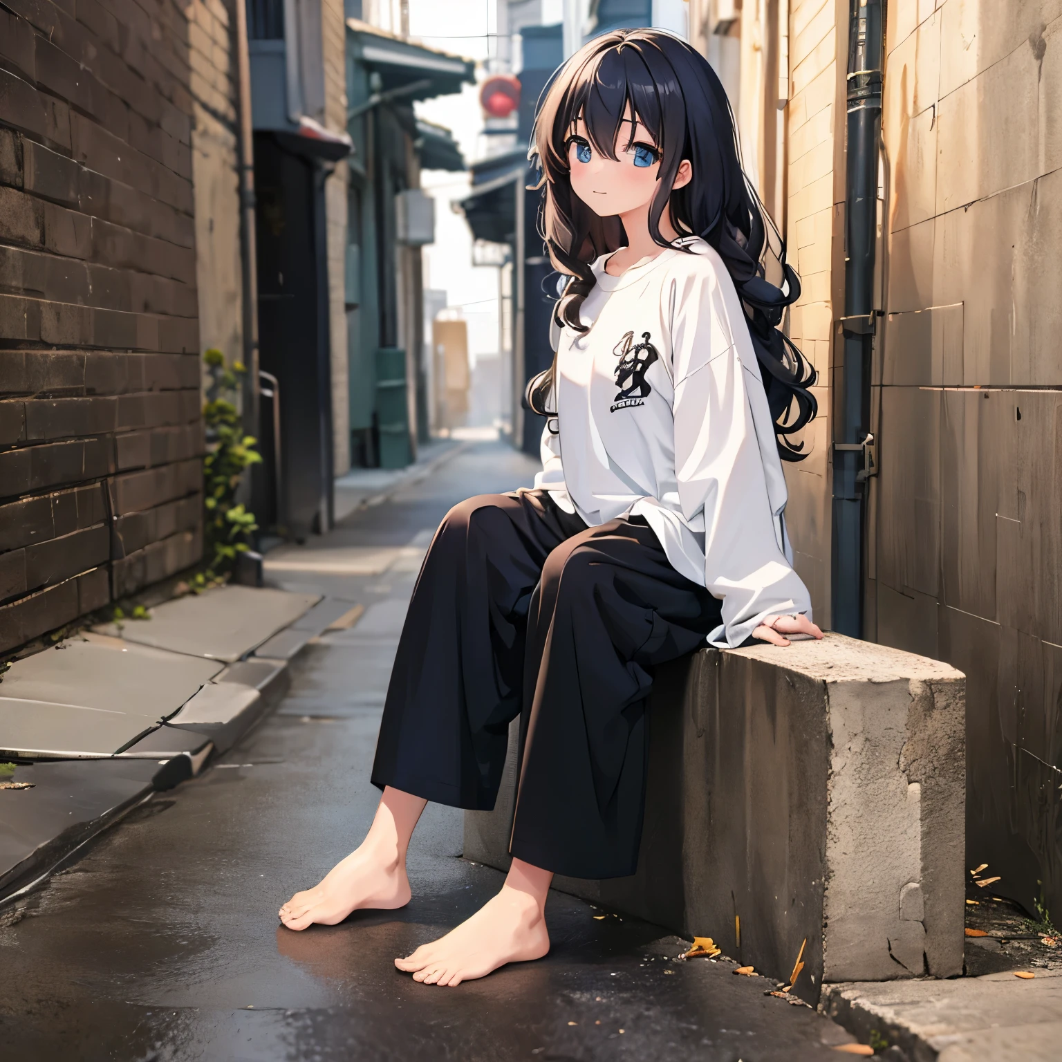 masterpiece, super detailed, high resolution, Anime girl sitting in a dark alley, baggy pants, long pants, Moe sleeves, oversized shirt, long hair, curly hair, barefoot, it&#39;s raining