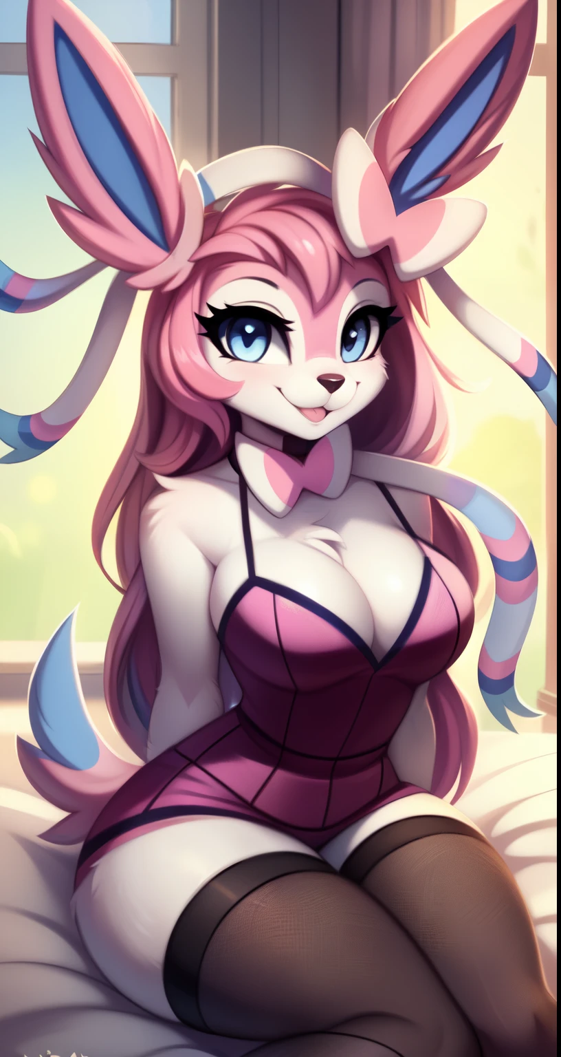 Long hair, smiling, uploaded the e621, beautiful and detailed, woman (((female))) ((anthro)) sylveon, by waspsalad, by phluks, by zero-sum, cinematic lighting, sylveon, (anthro, fluffy fur, character focus:1.1), 1girl, anthro sylveon girl, body fur, curvy, sexy, nice, cute, hot, comfortable anime-style cartoon-style, digital drawing, Fishnet stockings, black wristband, collar, laying on bed, pink hair, blues eyes, pink dress