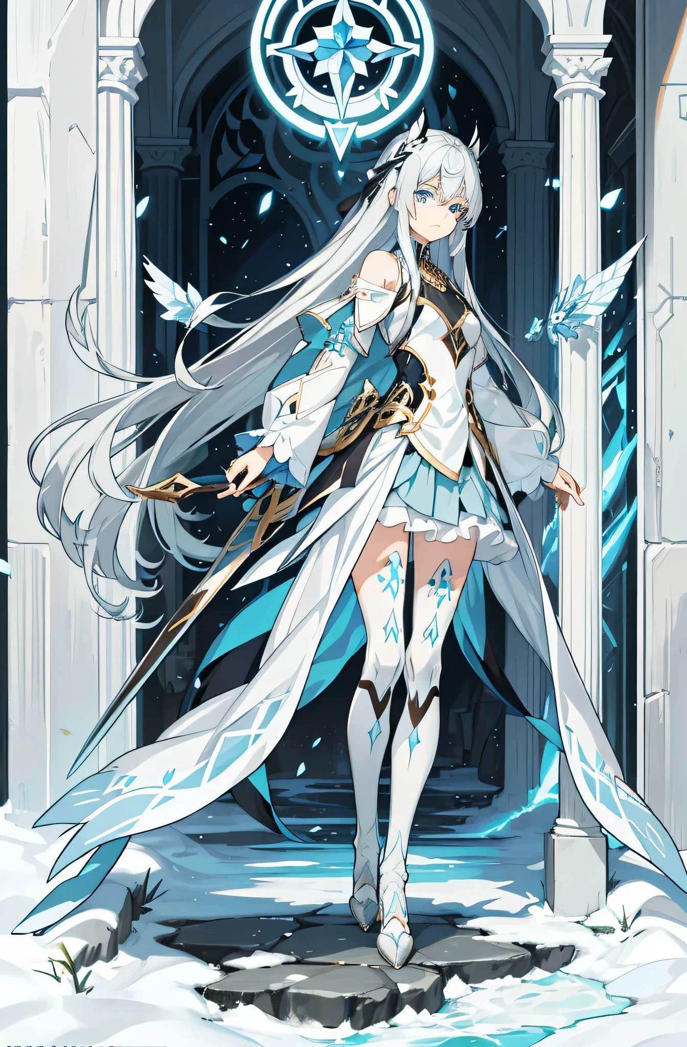 long silver hair,girl with crystal blue eyes,He was wearing tights that looked like battle uniforms...,Parts such as wrists and knees are made of hard armor.、.、.,No expression,There is no emotion in the eyes,extremely cold,Light and dark backgrounds,long white sword,((whole body)),