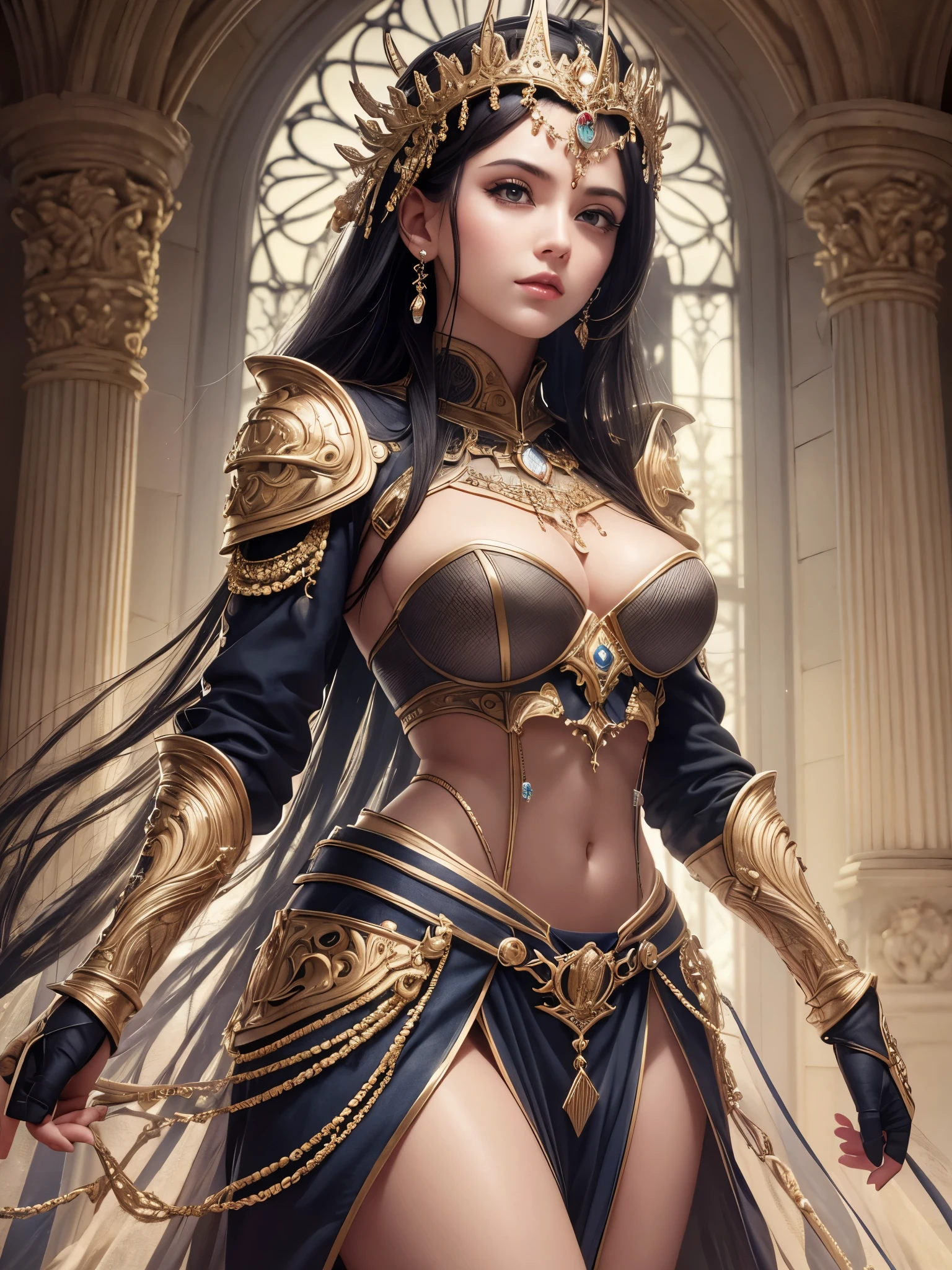 ((highest quality)),(ultra high resolution),(Super detailed),(detailed description),((best CG)),(best work of art),super precision art,amazing drawing art,(Art with precise details:1.5), She stands calmly in that majestic hall wearing consecrated armor.々Therefore, on the battlefield, standing inspires allies and demoralizes enemies.。