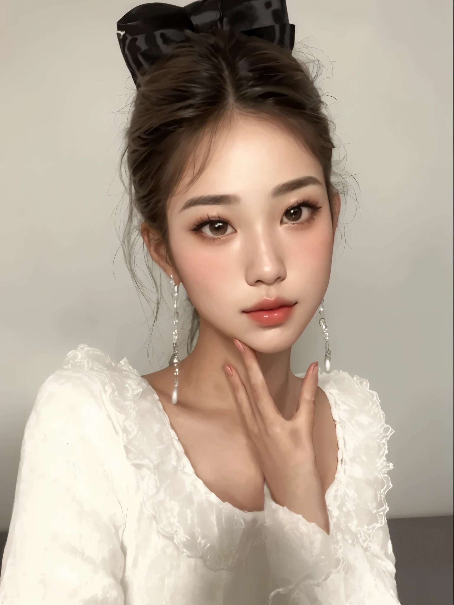 a close-up of a woman with a bow on her head, maquiagem suave, beautiful aesthetic face, maquiagem coreana popular, maquiagem sul-coreana popular, young lovely korean face, lindo rosto delicado, rosto muito bonito, maquiagem leve, Beautiful pale makeup, Ulzzang, lindo rosto delicado, lindo rosto de garotas japonesas, rosto sexy com maquiagem completa, maquiagem sutil, Linda jovem coreana