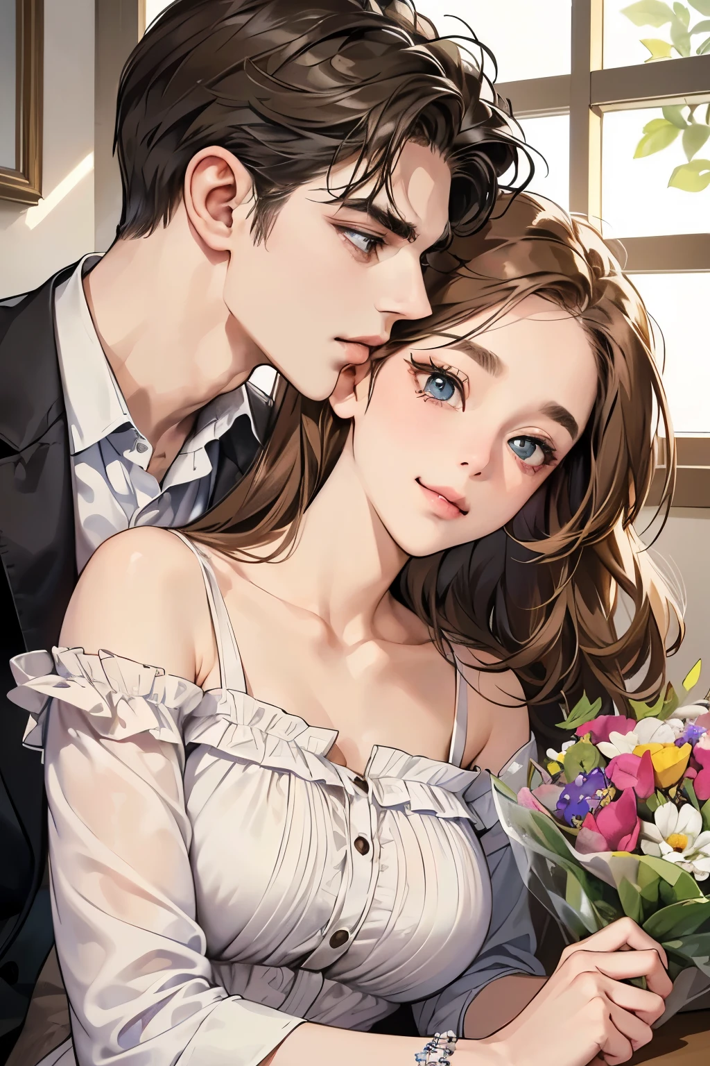 (table top, digital art, digital illustration, 4k, 8k, Super detailed, beautiful images, clear image, realistic, RAW photo, perfect face, perfect lines, perfect eyes, soft lighting) 1 female, (light brown hair,chignon hair,innocent look,droopy eyebrows,With a round face,round chin、innocence,cute,Big eyes,natural makeup,smile gently,E cup,23 year old female:1.3),Two handsome men in suits, (human,man wearing a suit,muscular,solid shoulder width,  mannish hairstyle,A man in his 30s with a cool expression,28 year old man with a bright smile:1.2),flower shop,flower shopの店先で,flower cottage,colorful flowers,lots of flowers、denim、couple、coupleキス、romance porn、