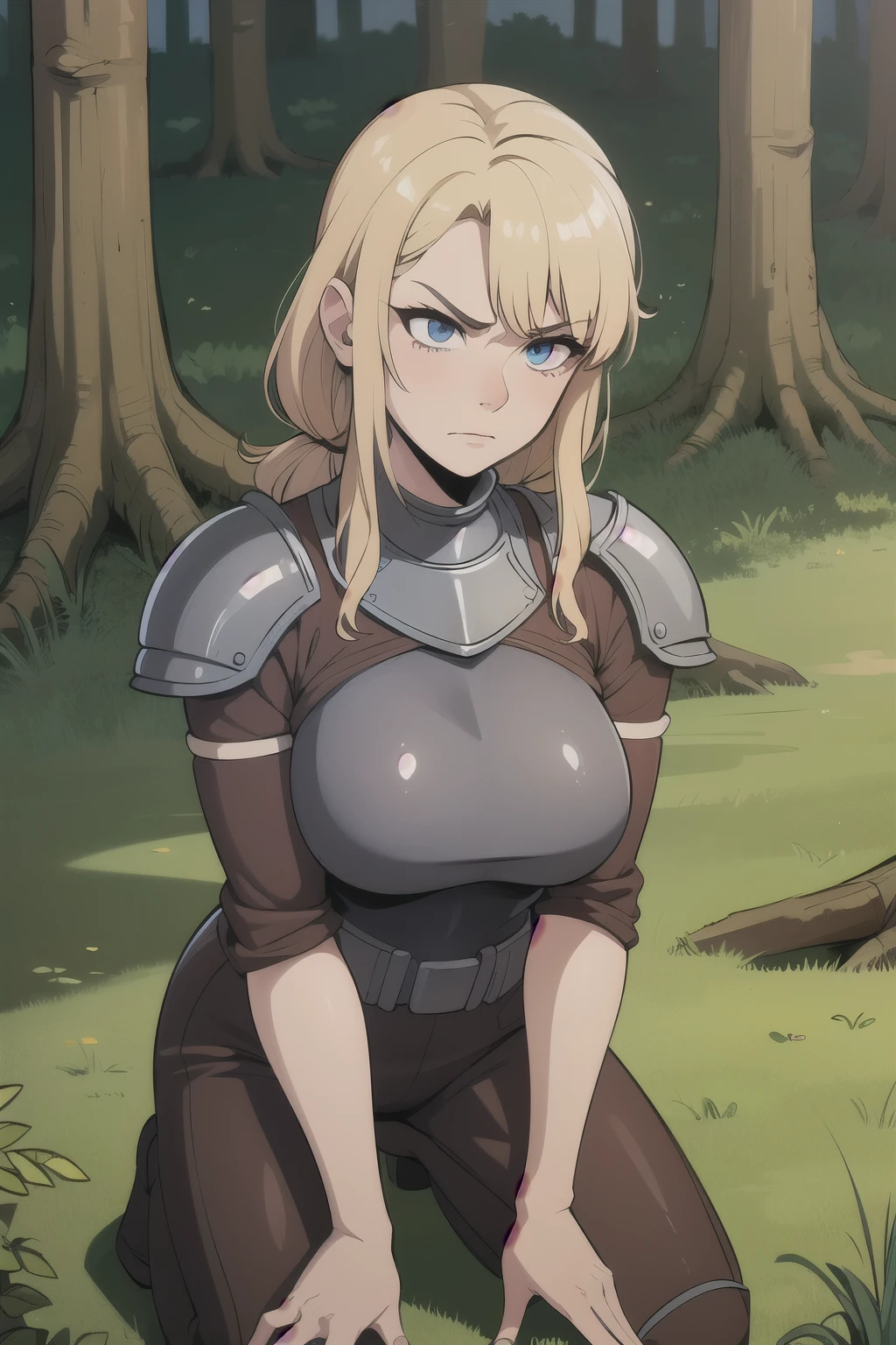 ((Best quality)), ((Masterpiece)), (detailed), perfect face perfect figure, Female Knight, Middle Ages, woman in knight&#39;s armor, blonde with blue eyes, One woman, In the forest, forest background, lots of bumpers, aged woman, kneeling, dissatisfied facial expression, angry woman