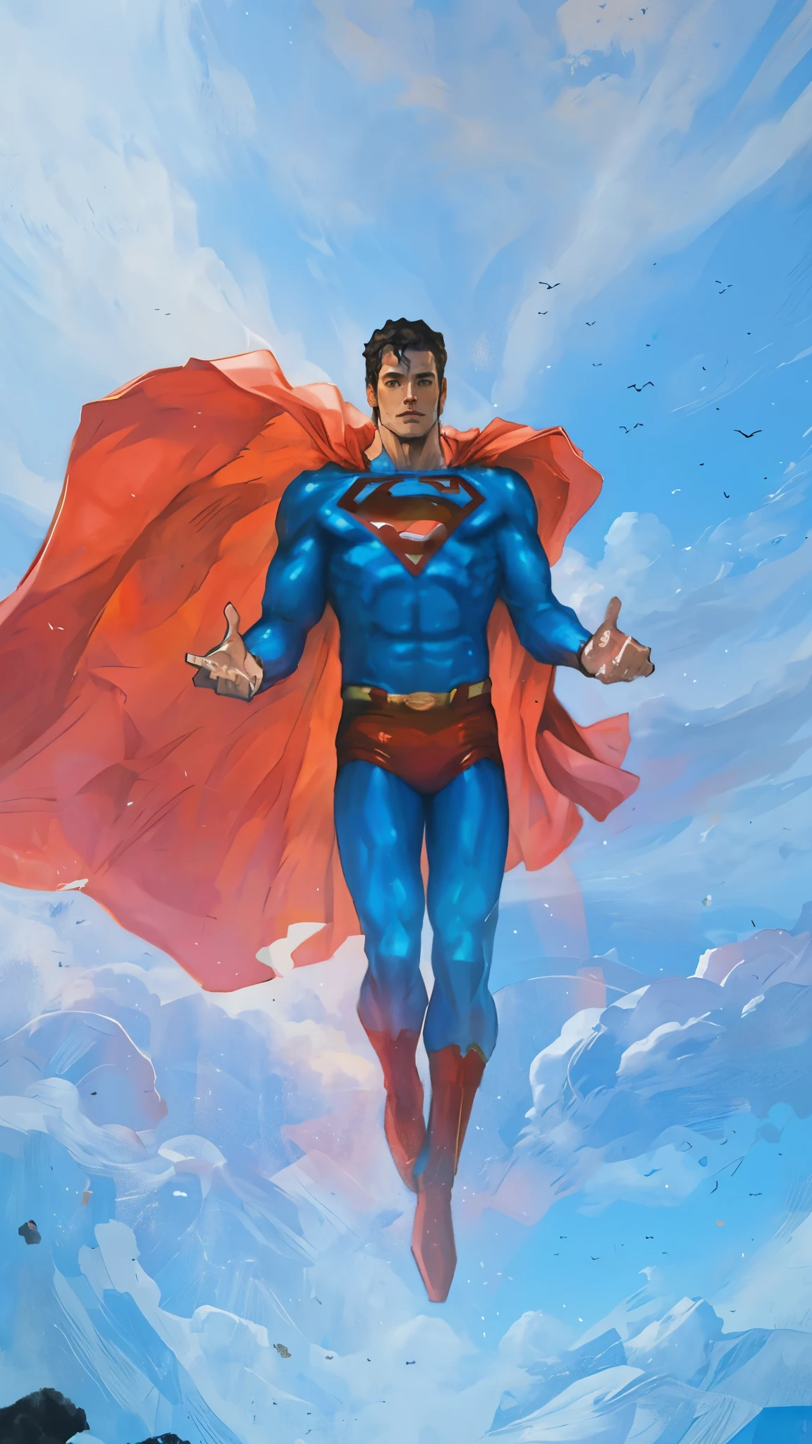 Samdoesart, Super homen flying through the air with his cape open, Super homen emerging from the sun, Super homen pose, Super homen, francamente, sem texto, Super homen is high, Super homen costume, super high resolution, super simetria, krypton, sobre as nuvens, pintura extremamente detalhada, rosta detalhado,