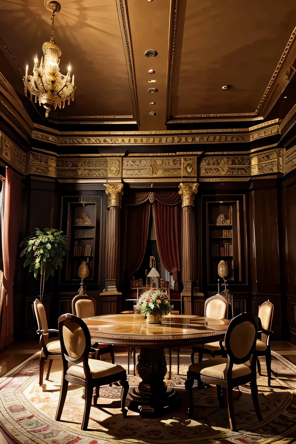 (That) king's main room,(A high resolution,Best quality,Masterpiece:1.2),(Realistic:1.37),(Bright colors,sharp focus),(conceptual art),(ornate,ornate),grand royal throne,wooden furniture with elaborate carvings,majestic chandeliers,soft and warm lighting,Gold accents(reflecting wealth and wealth),majestic stained glass windows,esteemed paintings on That walls,plush velvet curtains,royal tapestries, depicting historical events,impressive marble columns,spacious room with high ceilings,ceremonial flags and emblems,royal red carpet,ancient books and scrolls on the shelves,historical artifacts and treasures,royal crown and scepter,decorative armor,On a summer day,king enjoying That view from That balcony,Portraits of the Royal Family,royal court members discussing affairs of That kingdom,guards stand at attention,strong and loyal knights,complex mosaic floor,royal coat of arms prominently displayed,secret doors and secret passages,Musical instruments (Piano, violin) playing in That background,echoes of laughter and conversation,festive table, decorated with a delicious banquet.