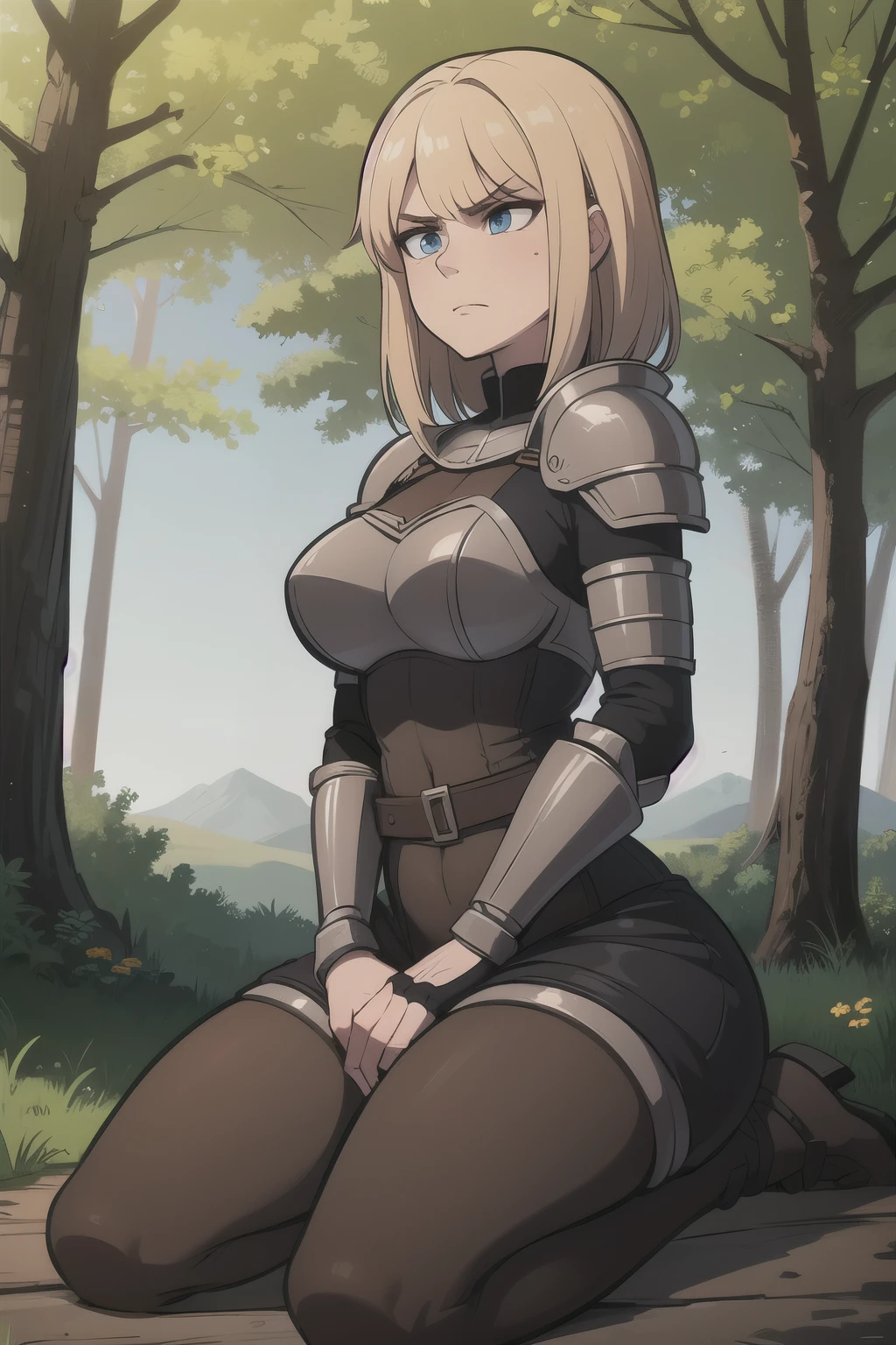 ((Best quality)), ((Masterpiece)), (detailed), perfect face perfect figure, Female Knight, Middle Ages, woman in knight&#39;s armor, blonde with blue eyes, One woman, In the forest, forest background, lots of bumpers, aged woman, kneeling, dissatisfied facial expression, angry woman