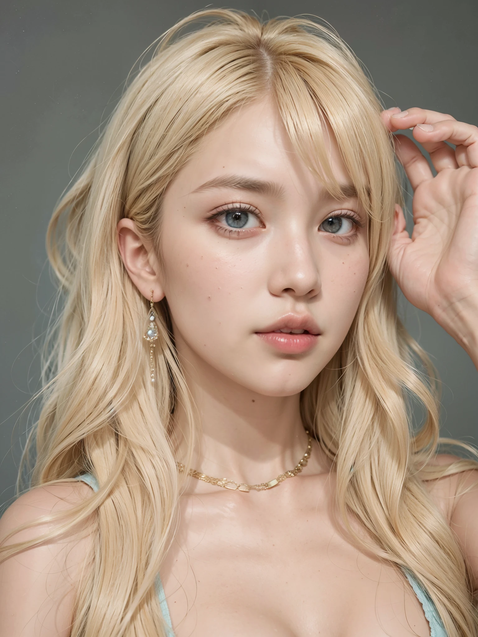 a close up of a woman with long blonde hair wearing a necklace, jinyoung shin, roseanne park of blackpink, lalisa manobal, long white hair and bangs, portrait of kim petras, sakimichan, ulzzang, portrait of jossi of blackpink, heonhwa choe, popular south korean makeup, white bangs, a girl with blonde hair