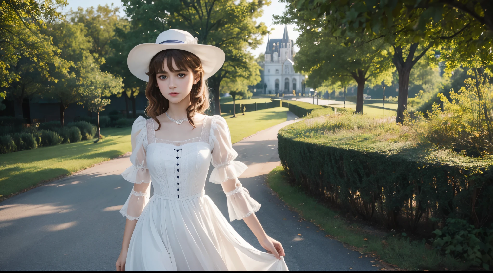 À la fed picture of a girl in a white lace dress and European castle outside road background, Young and ethereal figure, Portrait of a magical girl, Portrait of a young witch girl, Girl wearing steampunk clothes, Musician girl in lace dress, Natalia Dyer, daphne keen, Portrait of a young witch, a girl with magical powers, Inspired by Irakli Nadal, Inspired by William Muster Lockhart, top quality, detail, detail, masterpiece, High image quality ,