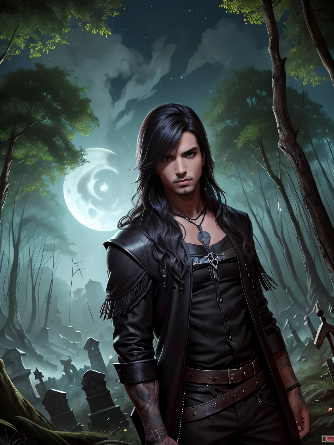 jovem bonito com cabelo escuro segurando uma caveira, fantasia, night forest background and tombstones, vagalumes azuis, medieval, misterioso, humor sombrio, ultra detalhe, detalhamento de cabelo, art station, deviant art