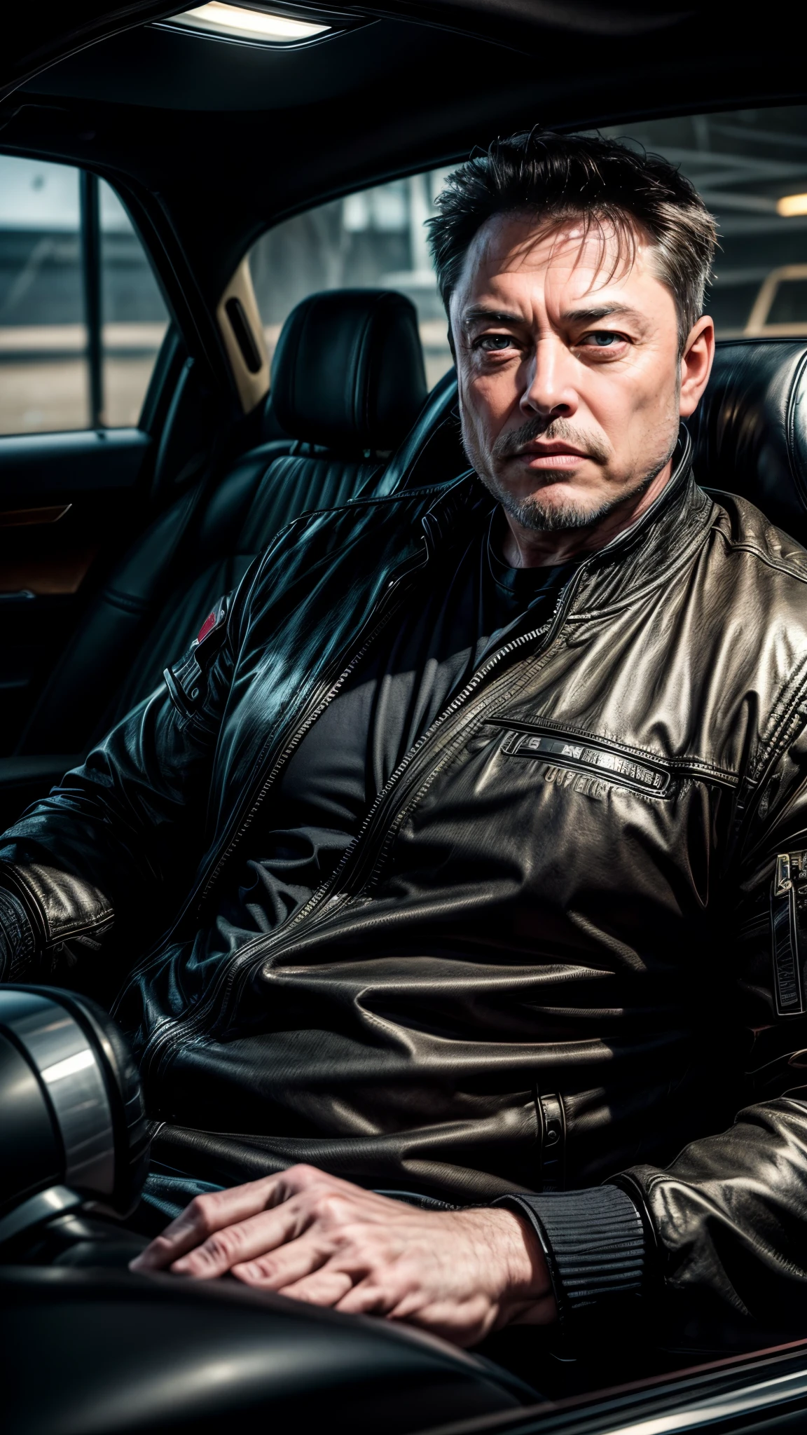 (masterpiece, highest quality, hires, RAW photo, amazing detail, 8k, best quality), cinematic, trending on artstation, portait, middle aged man, 50 years old / Elon musk:1.5 / detailed eyes, detailed face, wearing bomber jacket, intricate details, hires textures, evil, bond villain, mastermind, dictator, boss, 