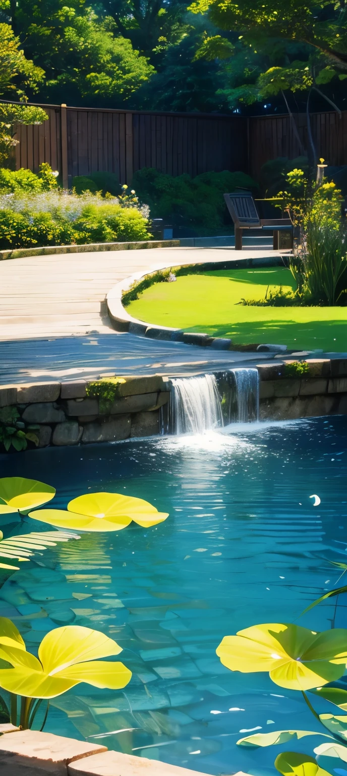 Um tranquilo jardim Zen com cerejeiras em flor, uma pequena ponte e peixes koi nadando em um lago.