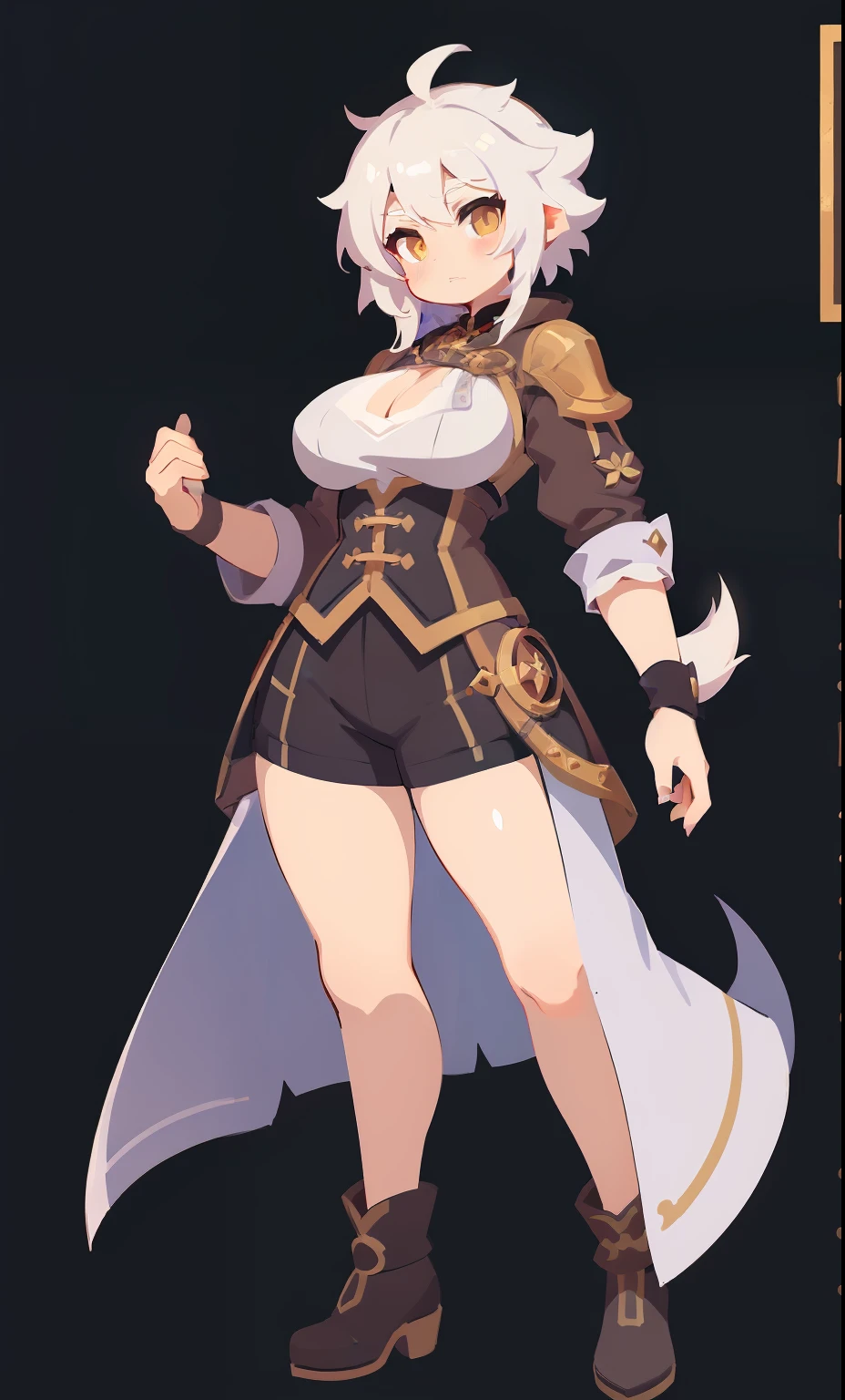 white background, top-quality, character design, concept art, 1girl, fluffy short white hair, fantasy medieval rogue outfit, blouse, steampunk accessories, long tailcoat, (large breasts:1.2), (modestly dressed:1.5), (androgynous:1.6), (genshin character:1.3), boyish features, powerful pose, young