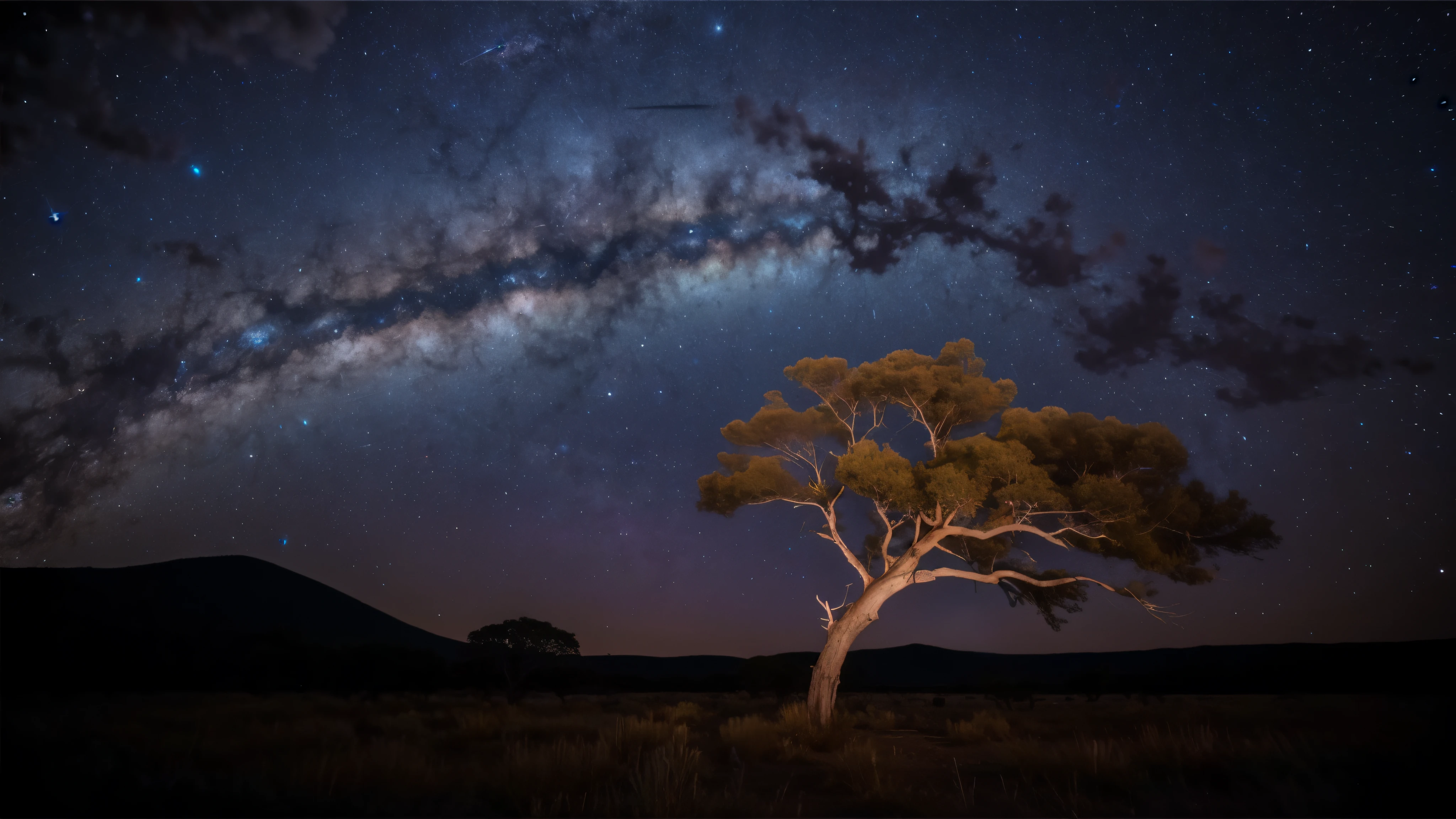 a tree in a field with a sky full of stars, night time australian outback, milkyway light, by Peter Churcher, night sky photography, astrophotography, by Arie Smit, tree in a galaxy made of stars, milkyway, spectacular milky way, by Andrew Bell, the sky has the milky way, by Andrew Geddes, award - winning photo ”