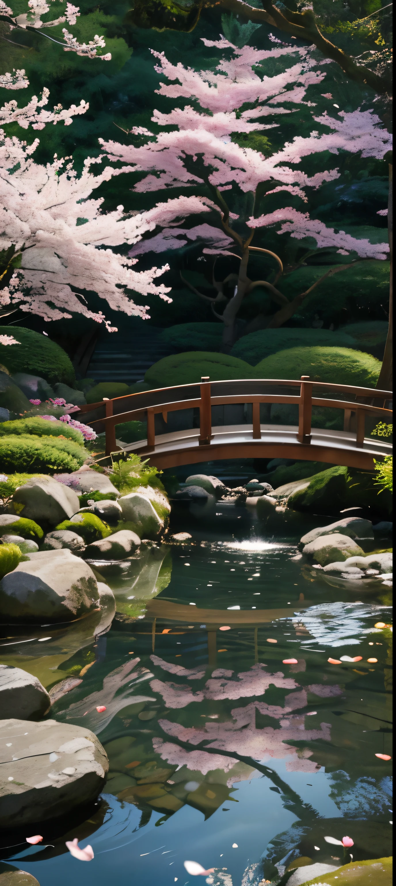 (melhor qualidade,4k,8K,high resolution,obra de arte:1.2),ultra-detalhado,(Realista,photoRealista,photo-Realista:1.37),A peaceful era transparente with blooming cherry blossom trees, uma pequena ponte, e peixes koi nadando em um lago. [era transparente], [traditional Japanese style], [atmosfera serena], [beautifully cared for trees], [delicadas flores de cerejeira], [peaceful water], [caminho de pedra], [harmonia da natureza], [serenidade], [cores suaves], [Brisa suave], [calming water sounds], [ambiente relaxante].